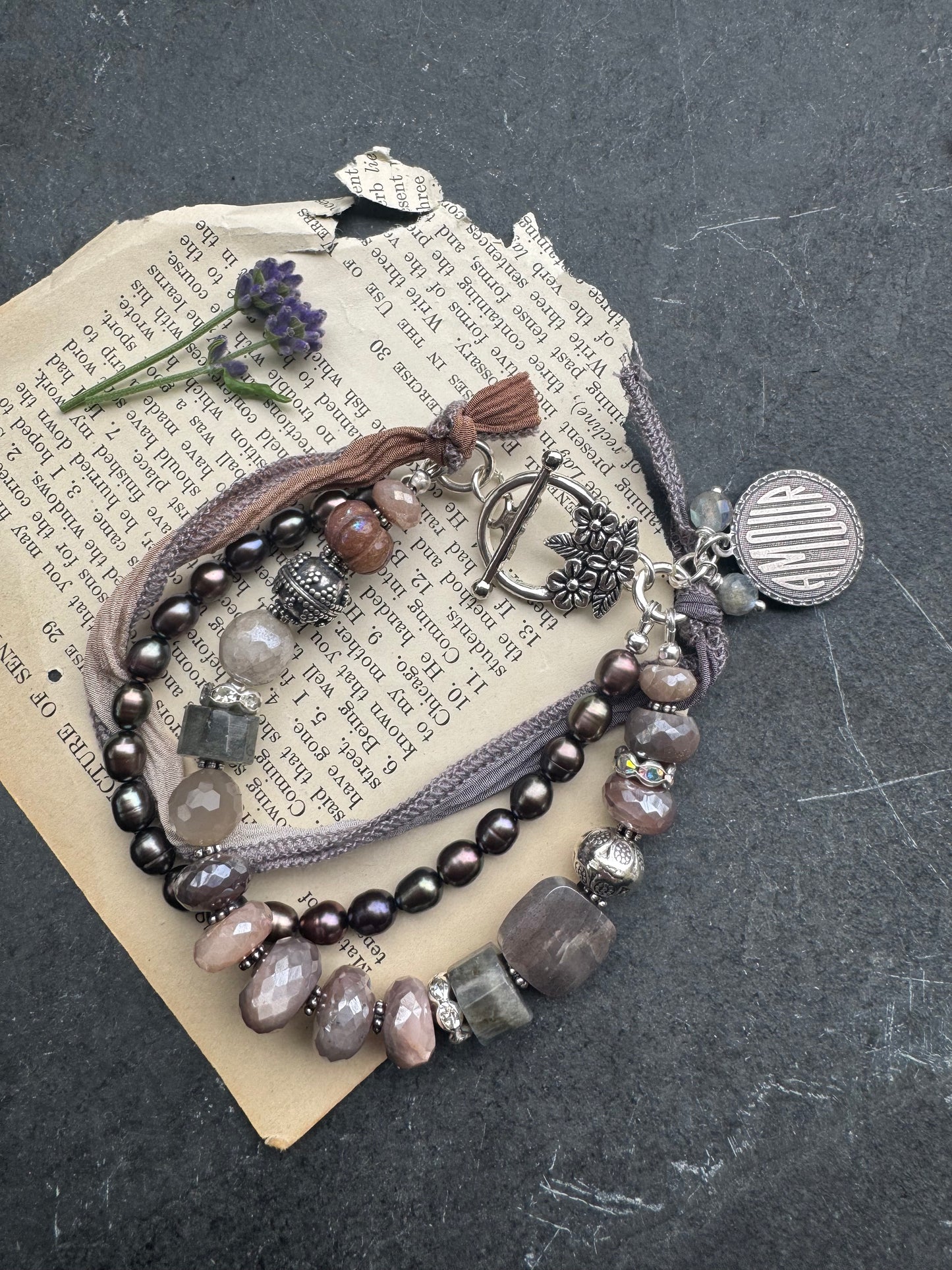 Peach & grey moonstone, grey pearls,  silk ribbon, and sterling silver metal.