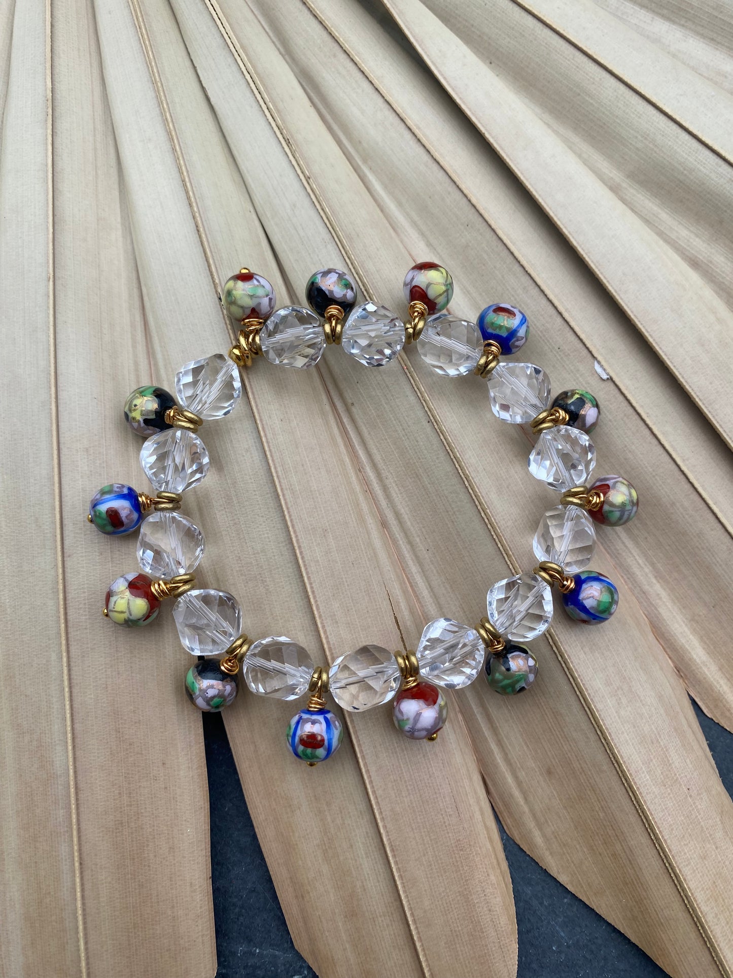 Clear quartz faceted stone, Cloisonné beads, elastic cording, bracelet, jewelry