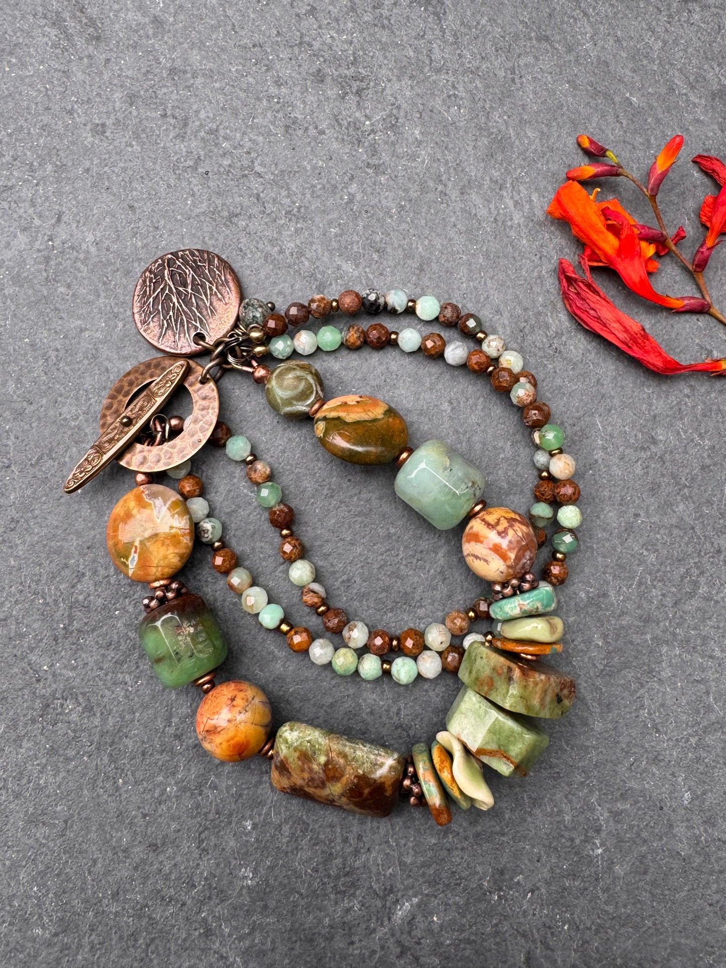 Green opal, Australian Chrysoprase, turquoise, copper metal, bracelet.