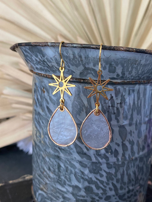 Shell charms, gold metal star charms, earrings