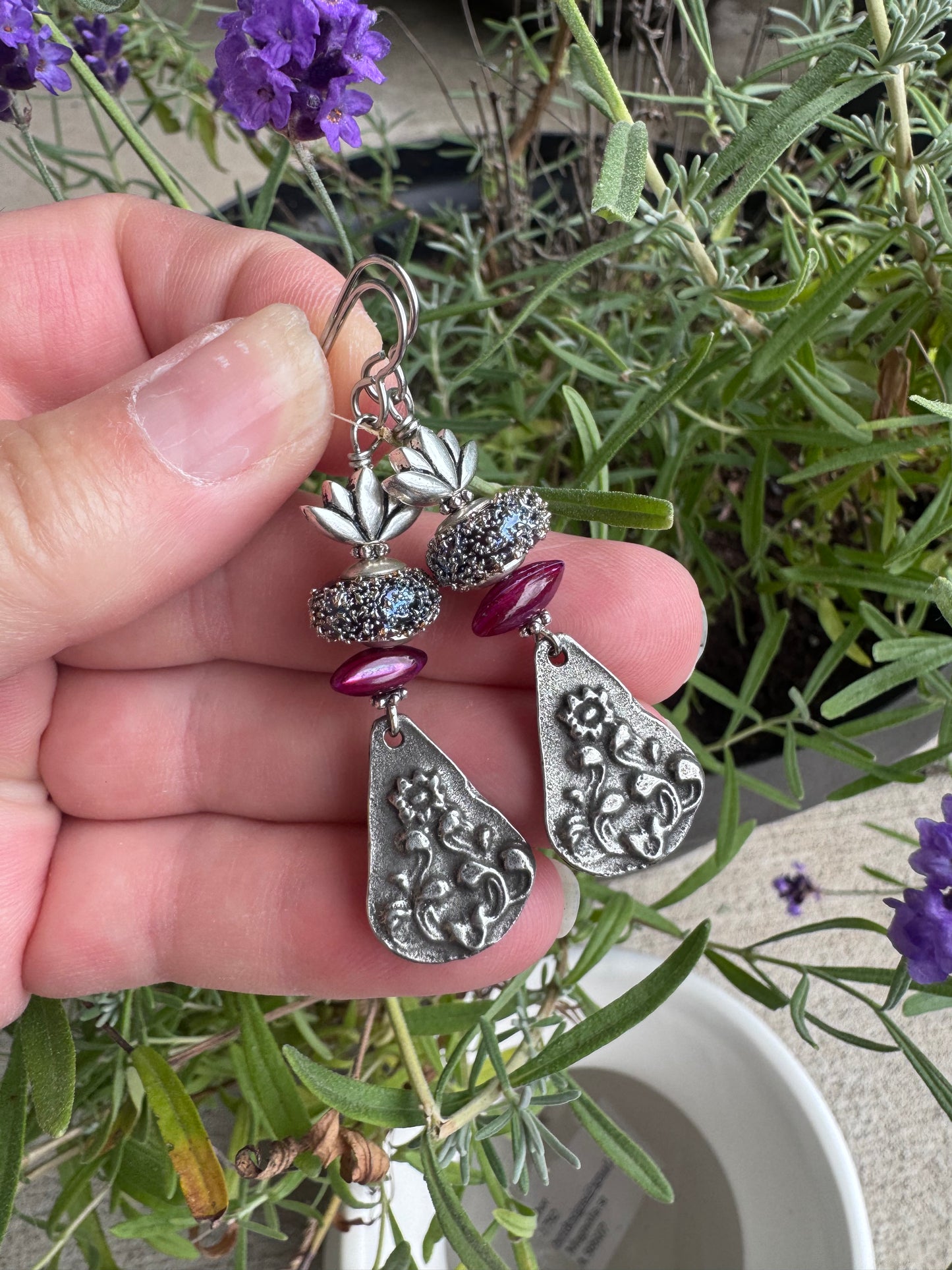 Handmade lampwork glass, silver pewter flower charm, shell, earrings
