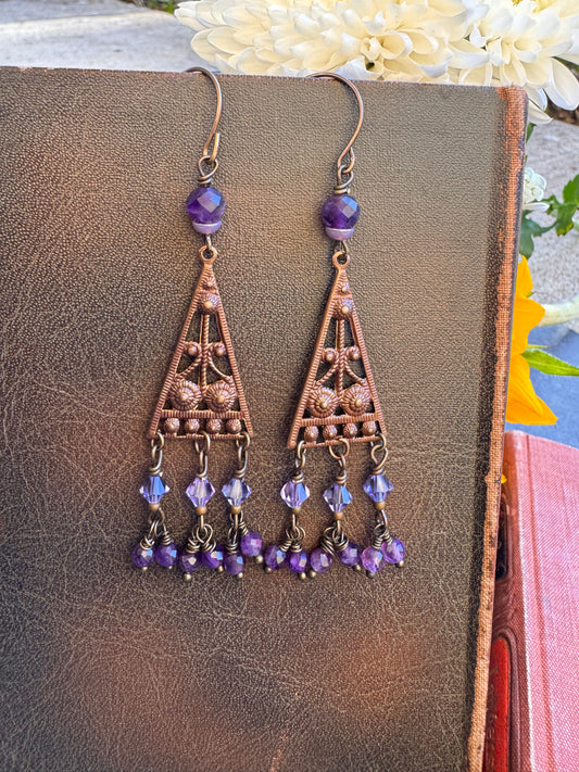 Amethyst stone, crystal, Vintaj brass metal, earrings