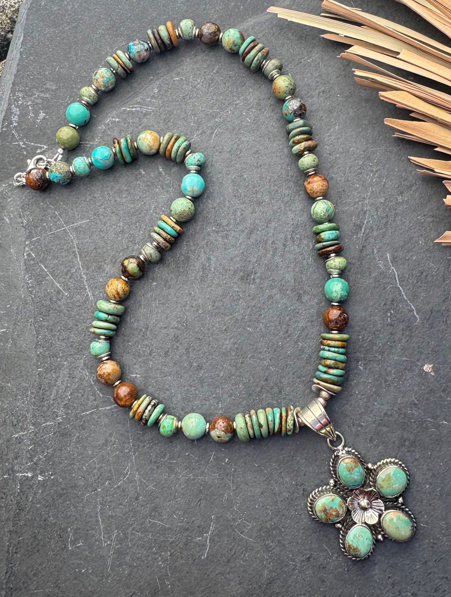 Hubei turquoise, Czech glass, African silver, and large Hubei turquoise flower pendant.