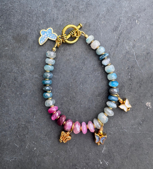 Charm, blue and pink moonstone bracelet. gold metal bracelet.