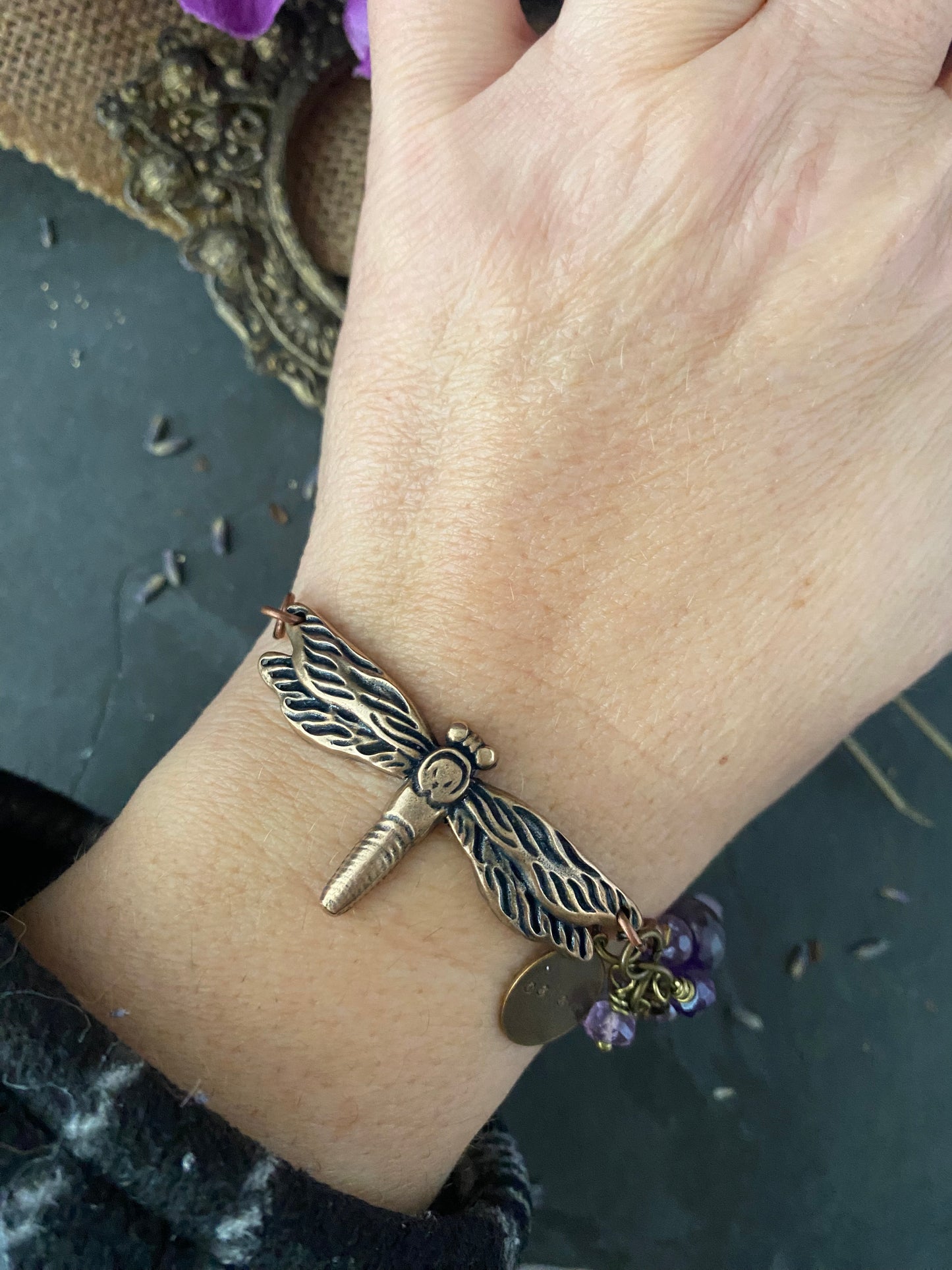 Bronze dragonfly cuff, amethyst stone, bronze metal bracelet.