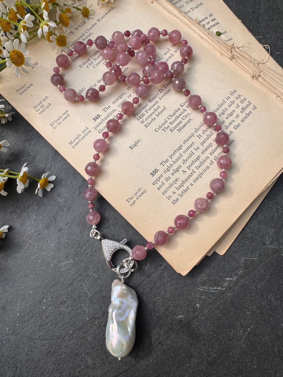 Pink tourmaline, Madagascar rose, quartz, Baroque freshwater pearl, silver metal, necklace