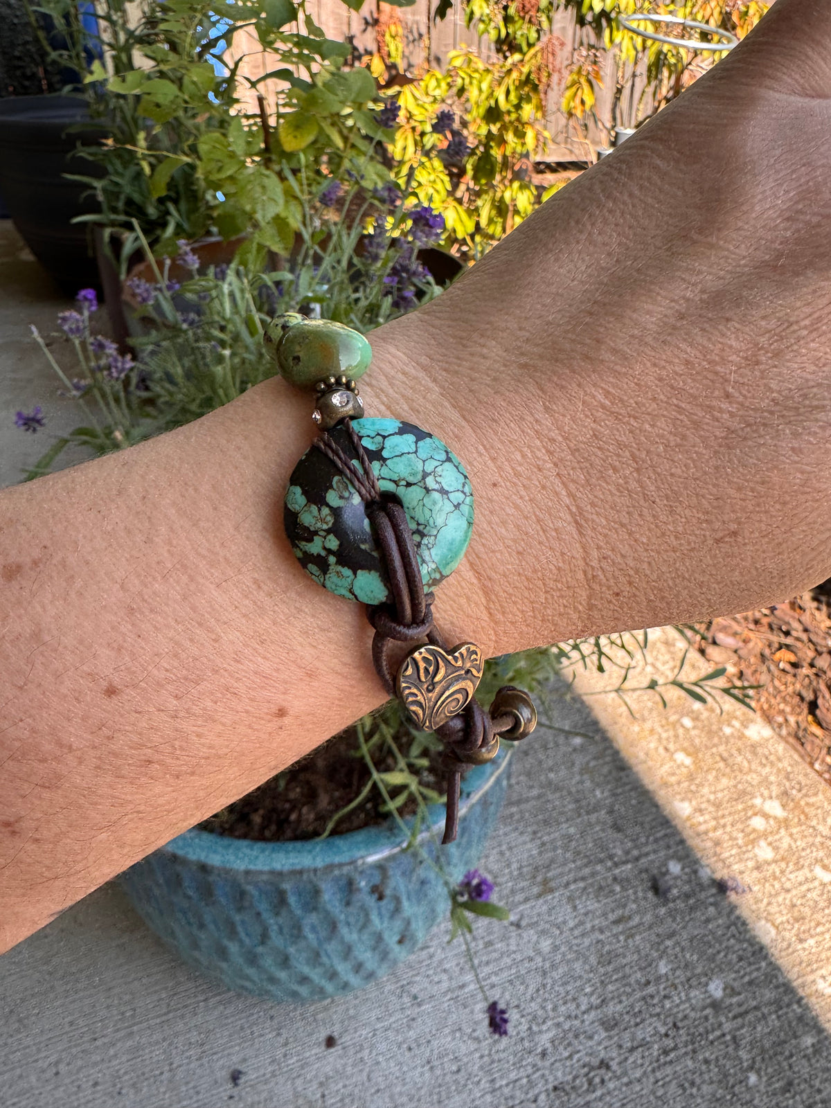 turquoise, carnelian agate, bronze metal, button bracelet.