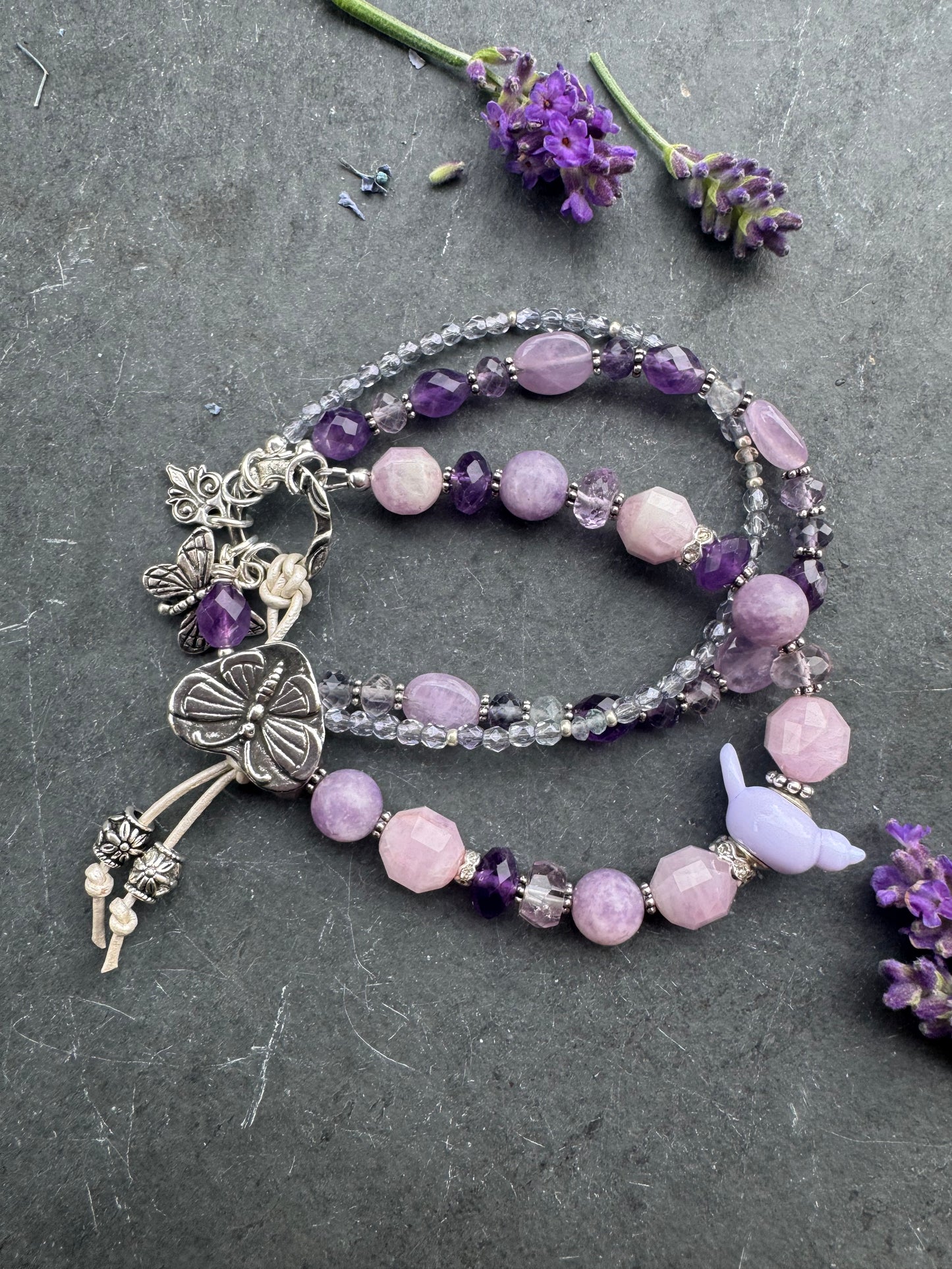 Amethyst stone, fluorite, kunzite, lampwork glass bird, fire polish, Butterfly button, silver metal, bracelet