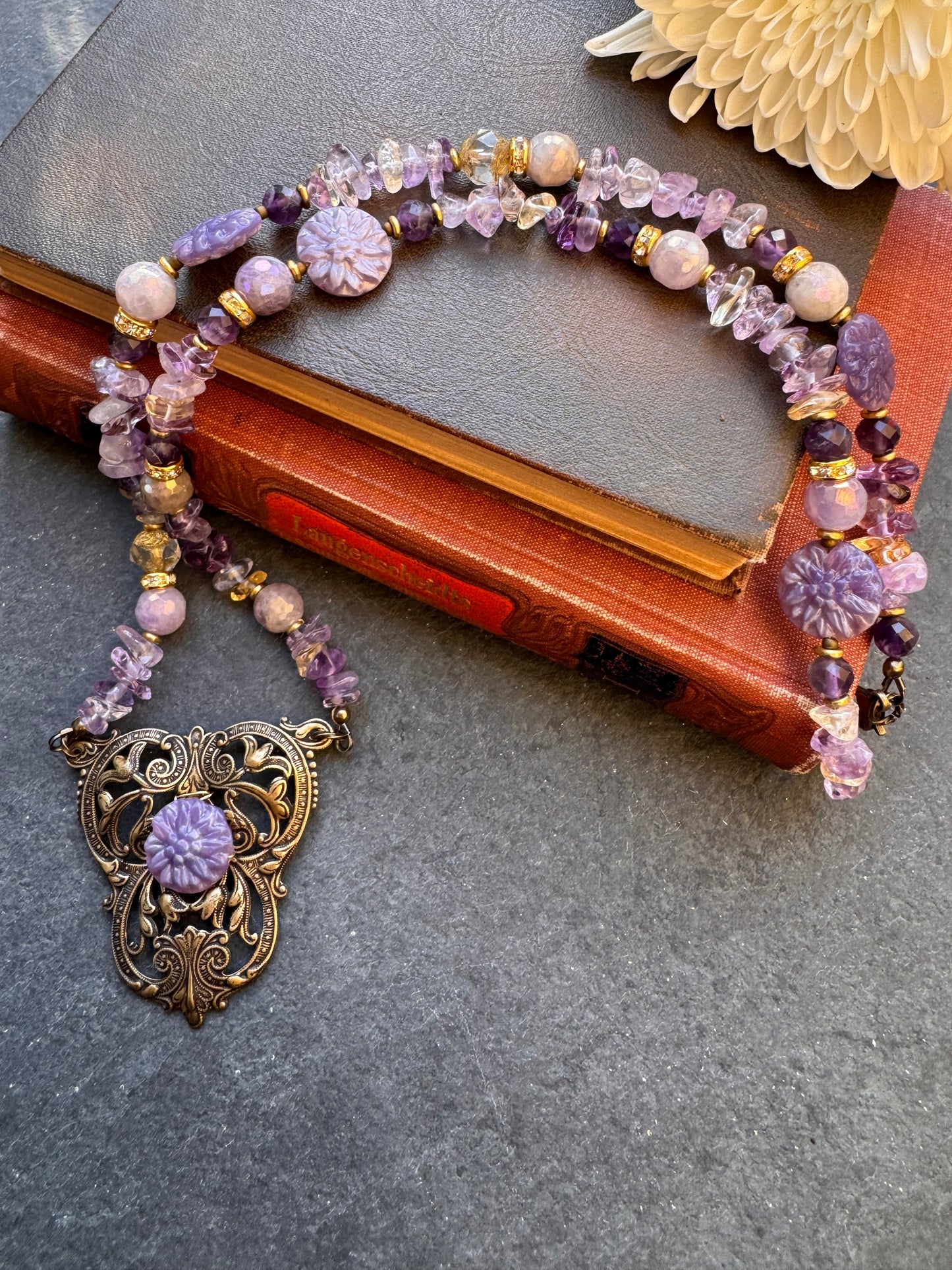 Amethyst stone, Ametrine stone, Czech glass, Vintaj brass metal, necklace