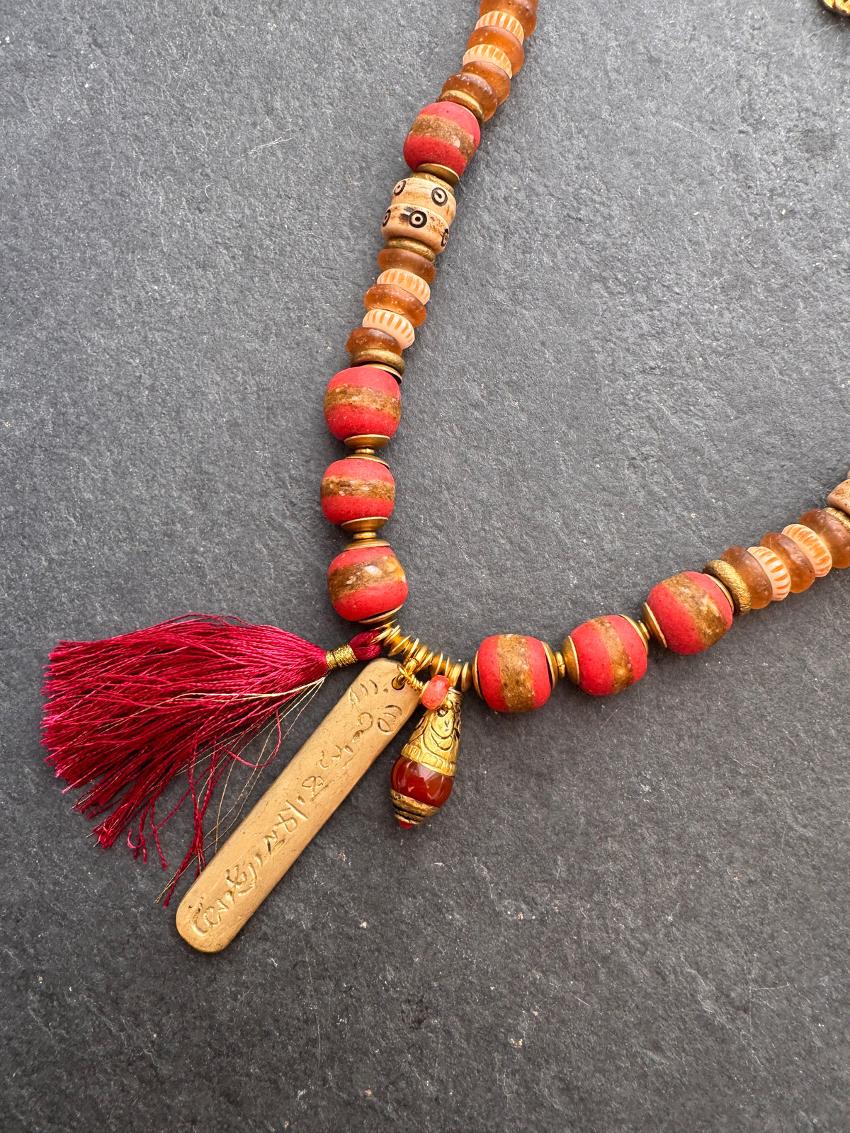 African Glass, wood, brass metal, necklace
