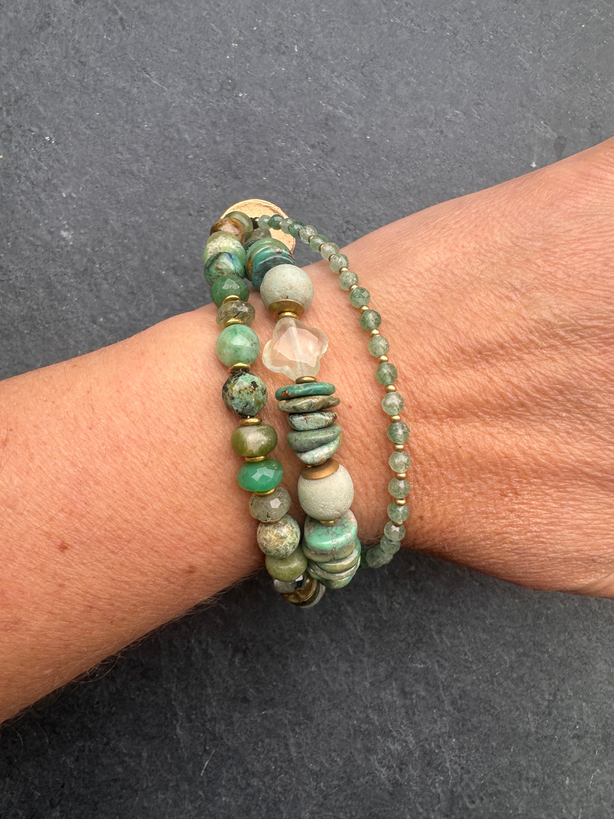 Trees. Prehnite, hubei turquoise, green garnet, green kyanite, handmade tree bronze metal button, bracelet.