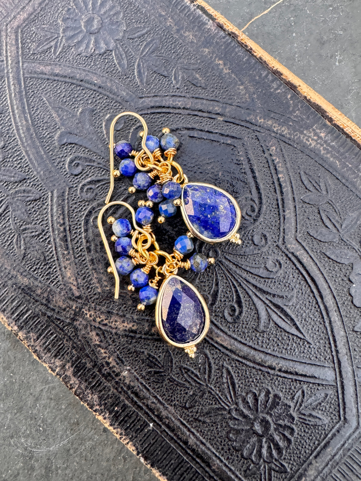 Lapis lazuli stone, gold metal, drop, earrings