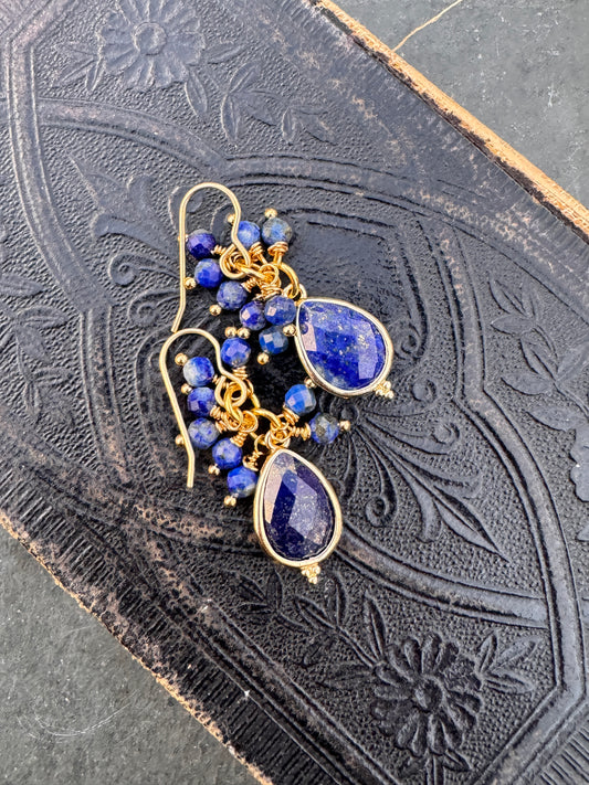 Lapis lazuli stone, gold metal, drop, earrings