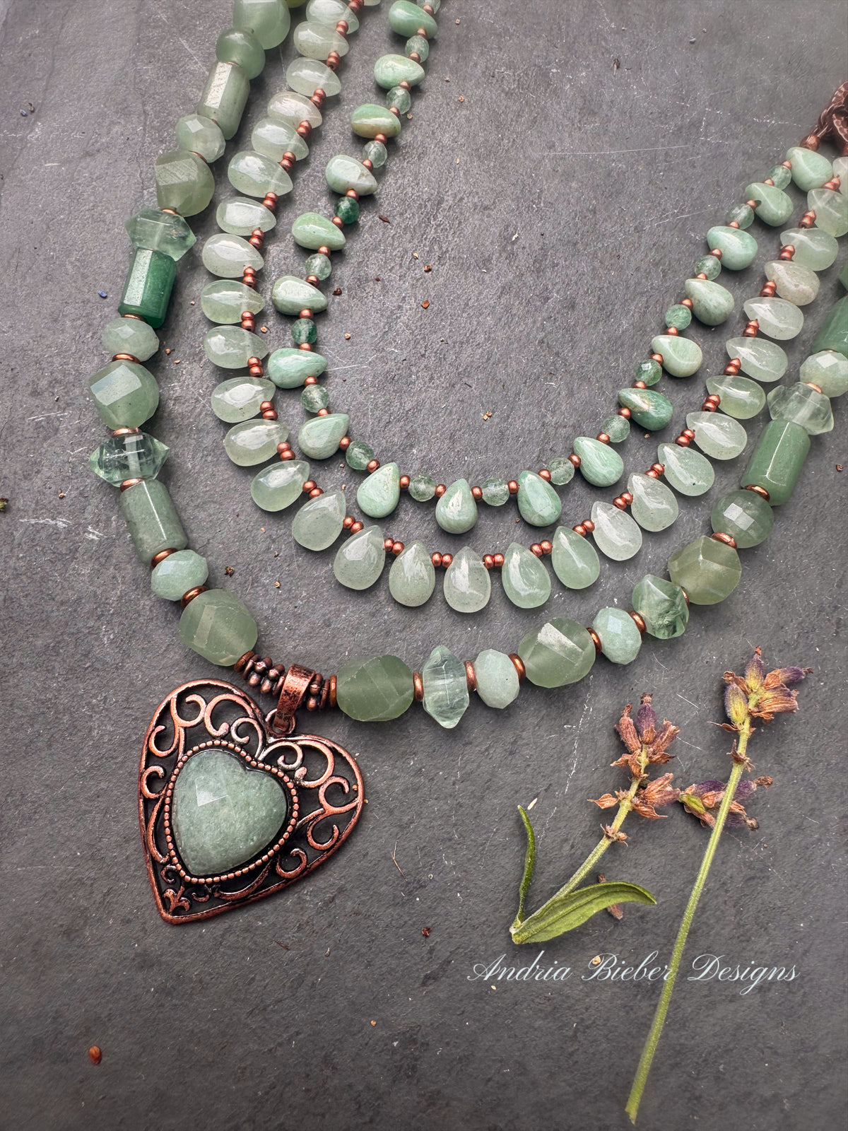 Green aventurine stone, green fluorite stone, and copper metal, necklace