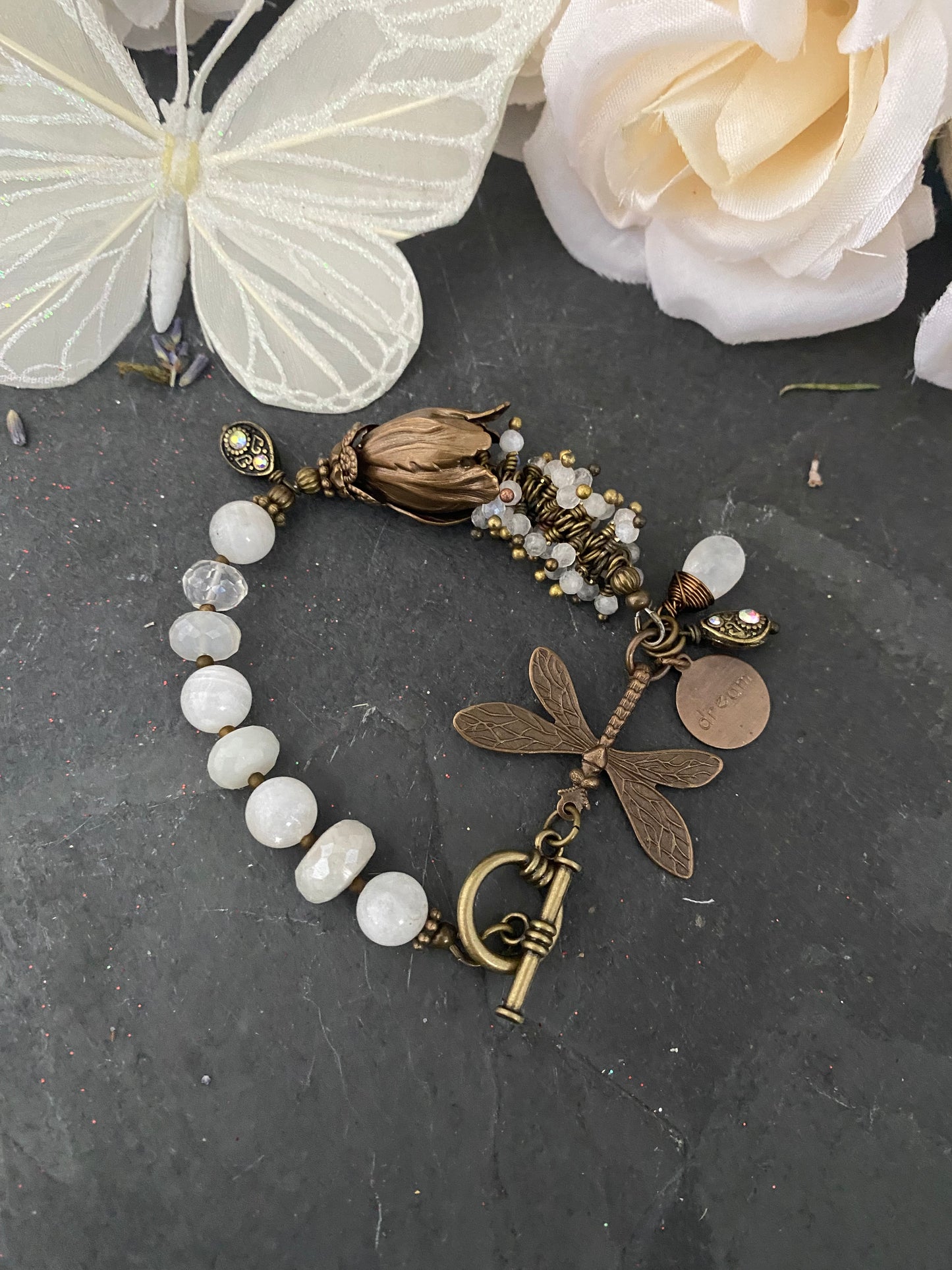 Moonstone, dragonfly, charm bracelet