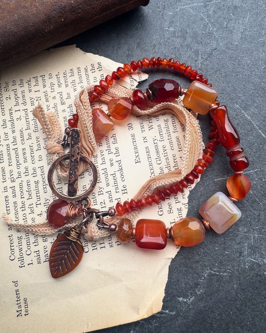 carnelian agate, silk ribbon, copper, bracelet