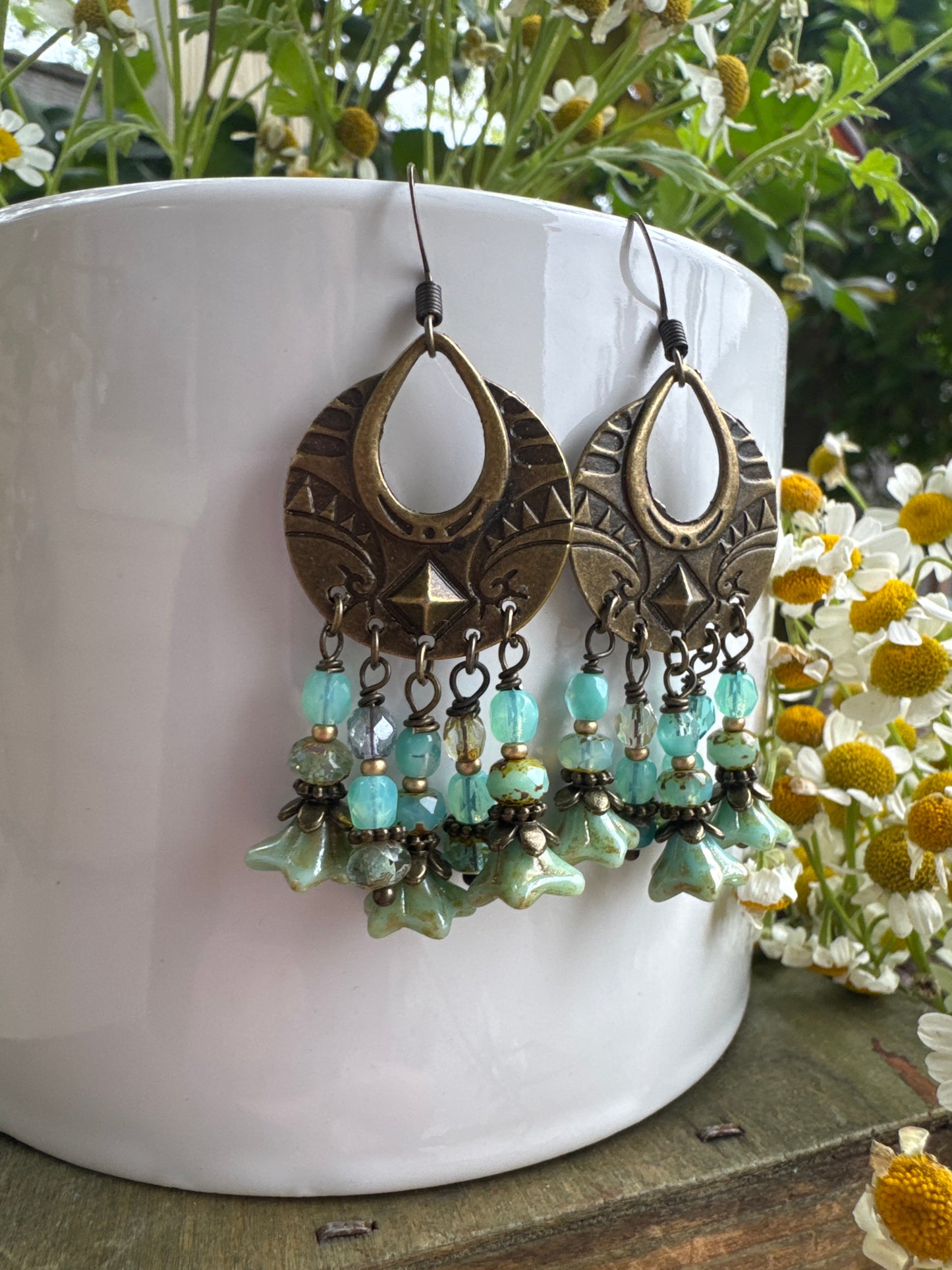 Teal Czech glass, bronze, boho, earrings