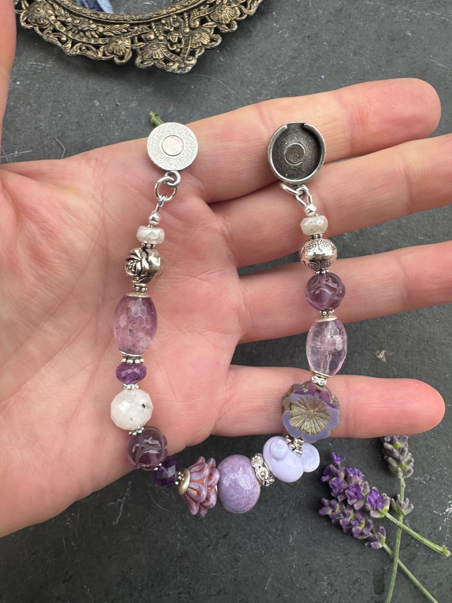 Amethyst stone, moonstone m, lampwork glass bird, magnet, clasp,silver metal, bracelet