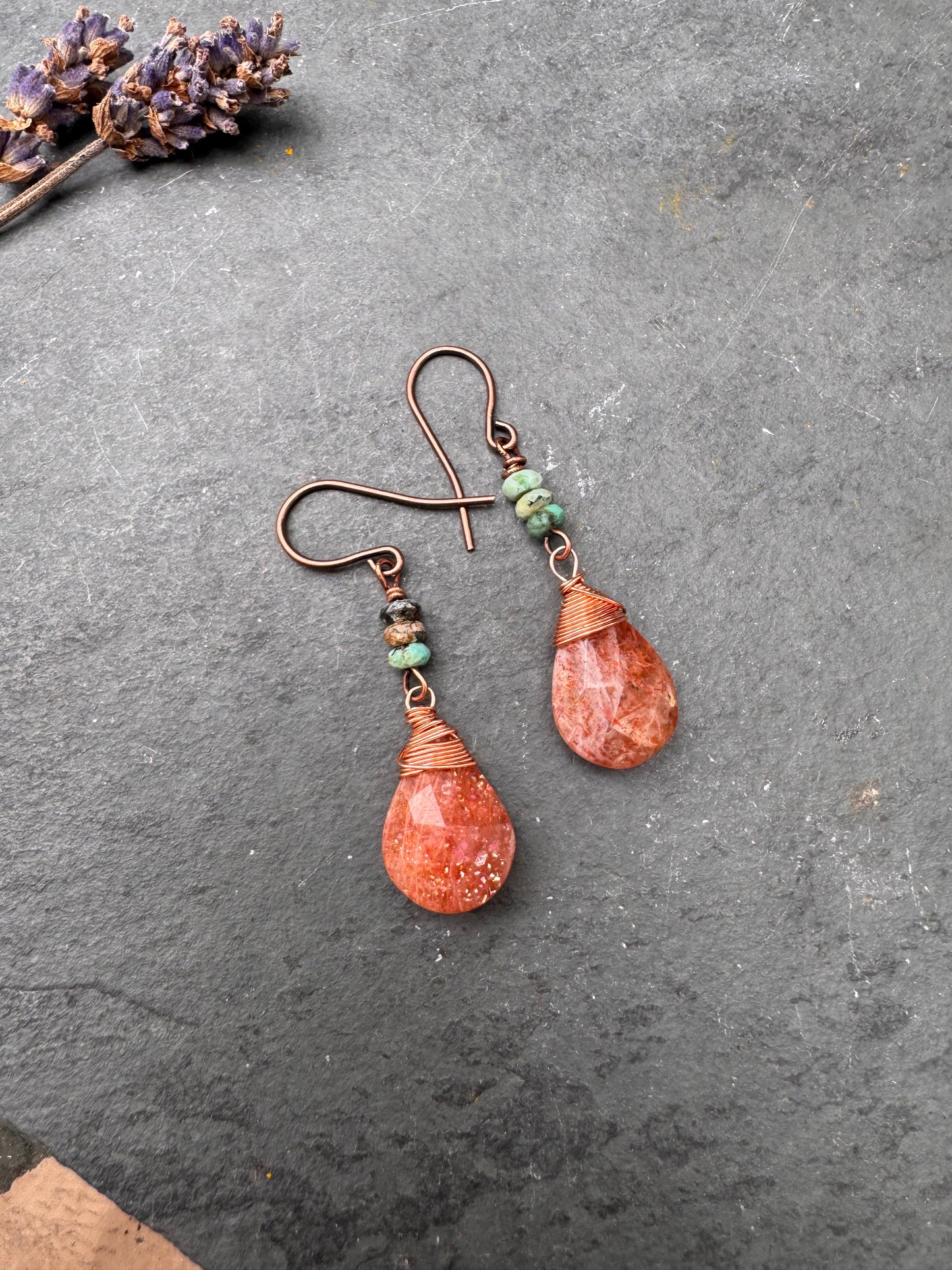 Sunstone, turquoise, copper metal, earrings