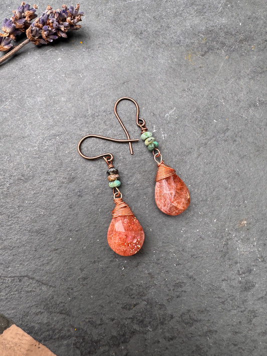Sunstone, turquoise, copper metal, earrings