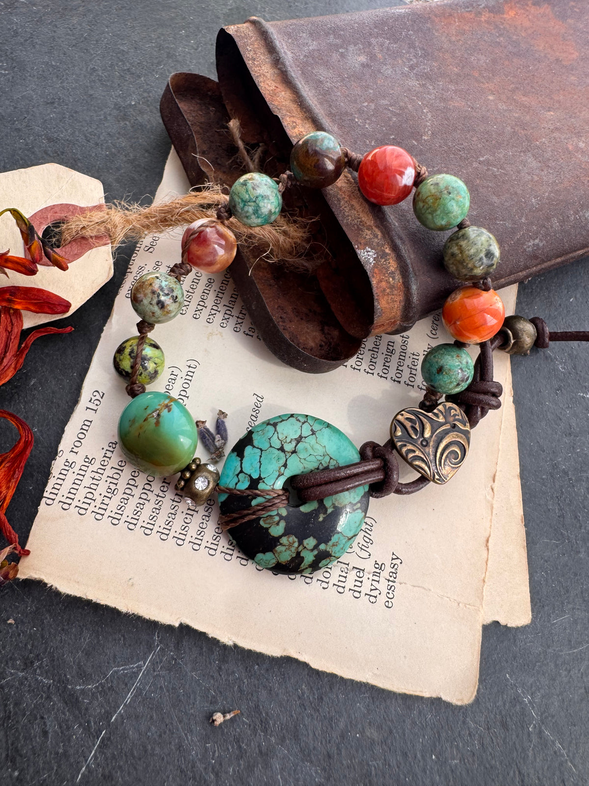 turquoise, carnelian agate, bronze metal, button bracelet.