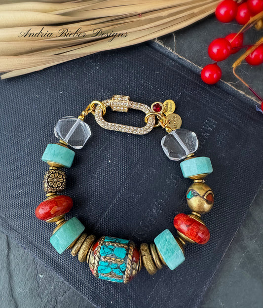 Amazonite stone, quartz stone, nepal beads, red coral, detailed brass beads, rhinestone clasp, bracelet.