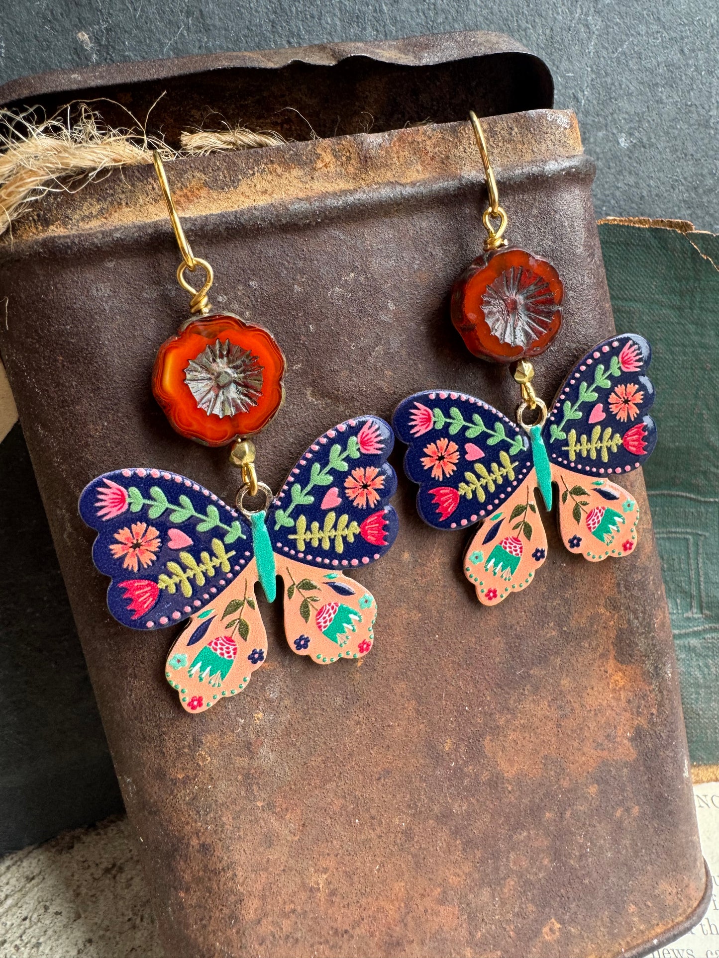 Enamel butterfly floral charm and flower Czech glass lightweight earrings