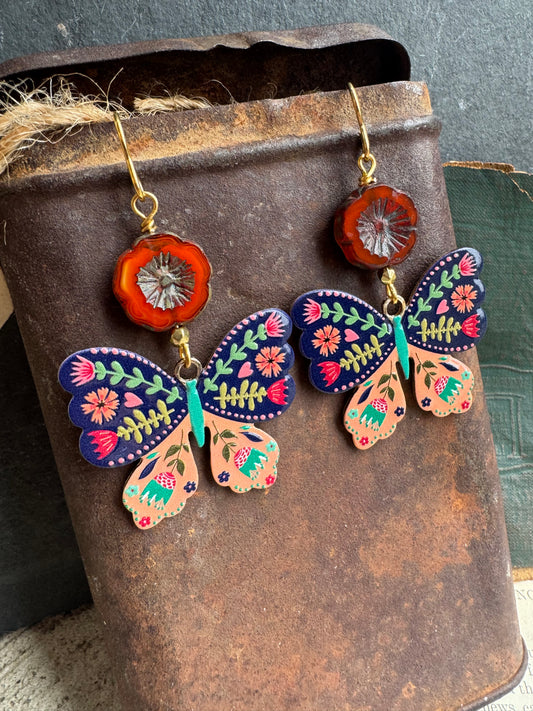 Enamel butterfly floral charm and flower Czech glass lightweight earrings