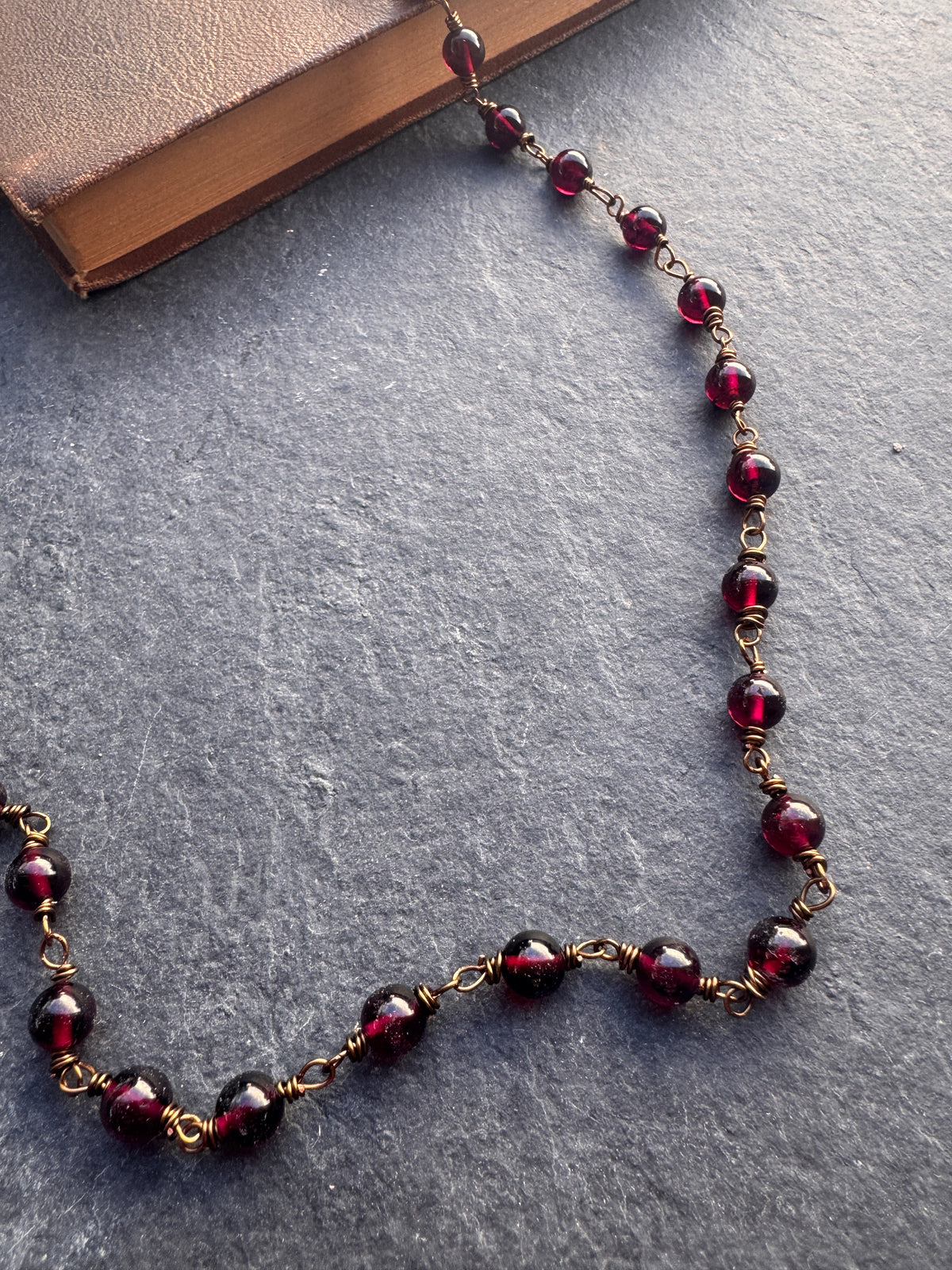 Garnet wire wrapped chain, antique brass metal, necklace, earrings, and bracelet set ￼