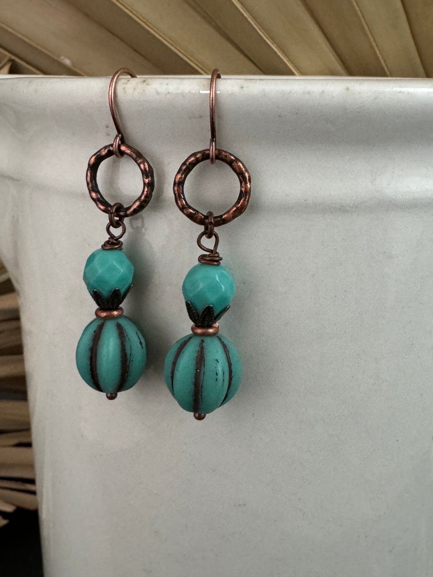 Turquoise Czech glass, hammered copper metal, earrings