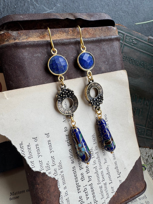 Gold flower charms, lapis stone, Cloisonné beads, earrings