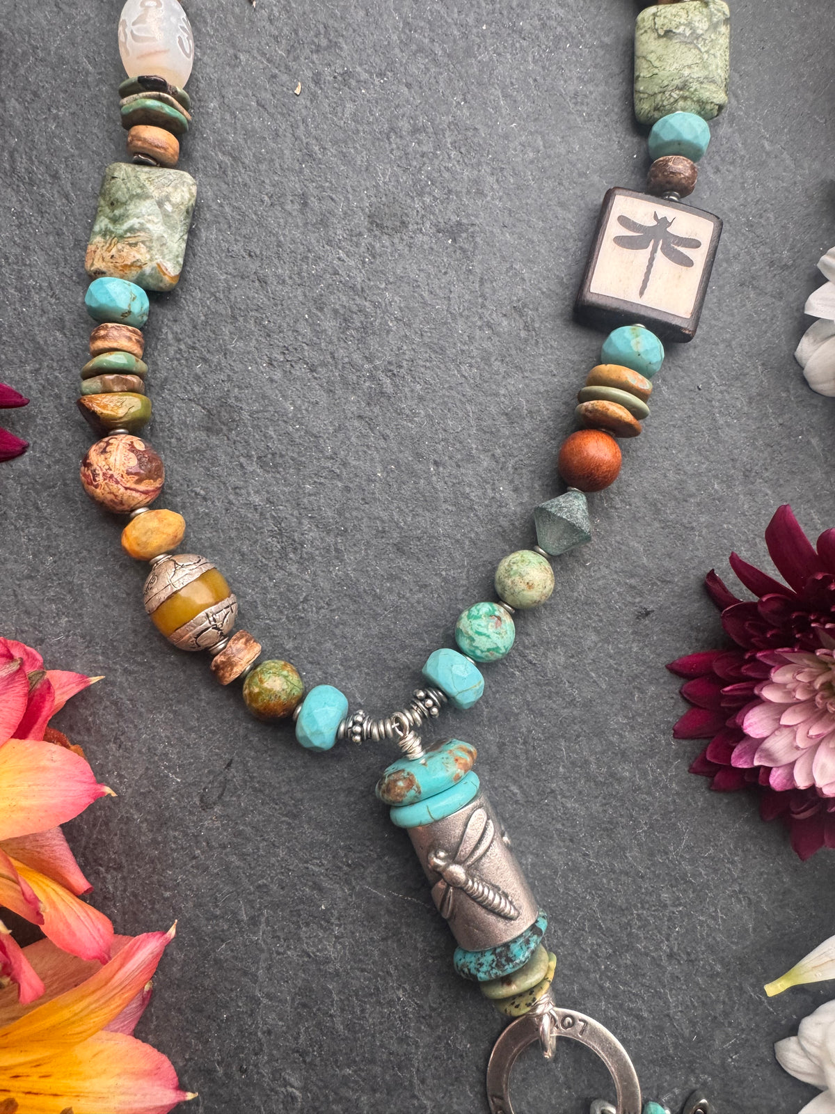 Hubei Turquoise, mixed gemstone, dragonfly, silver metal, necklace.