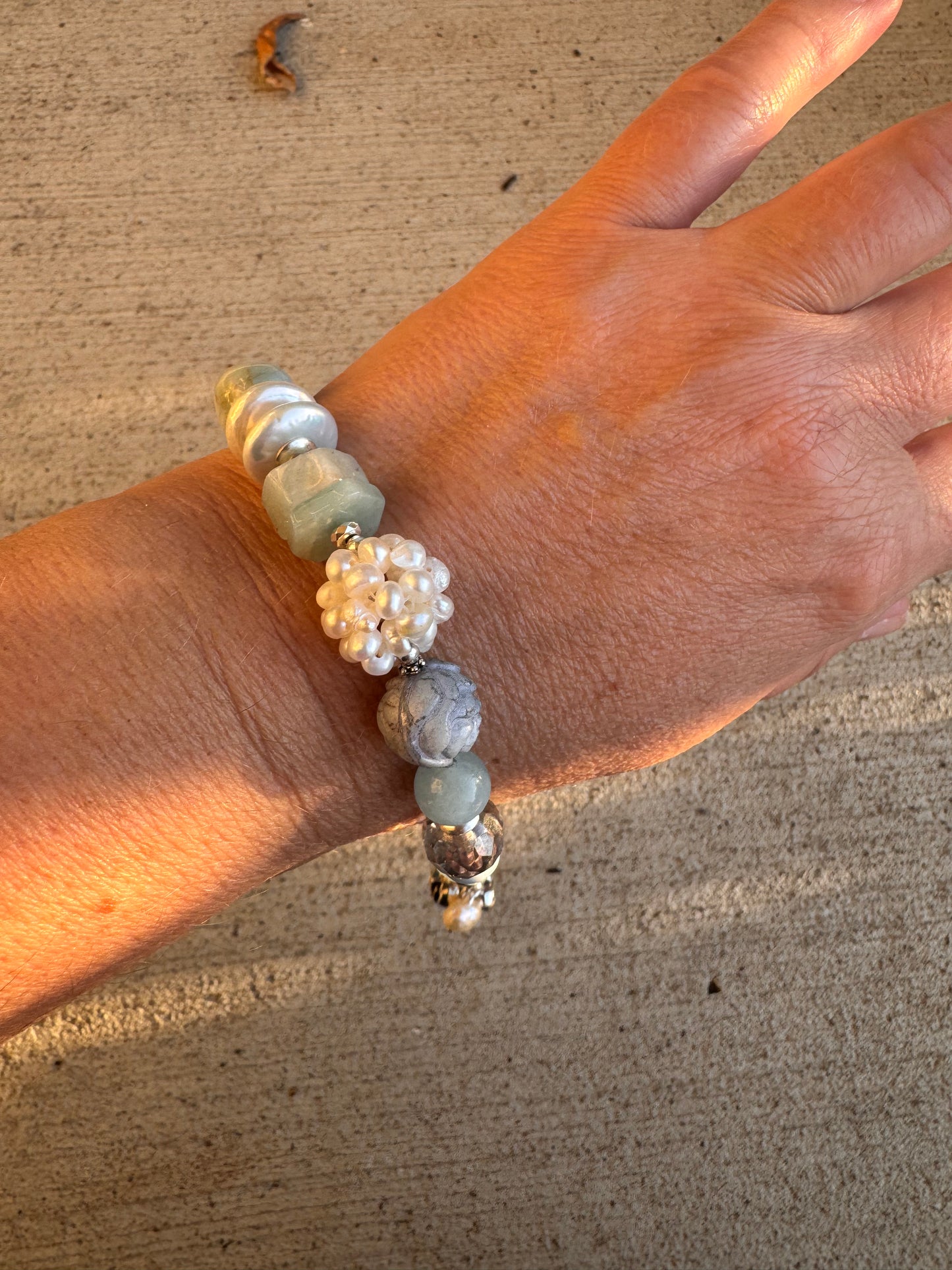 Aquamarine, blue opal, labradorite, pearls, czech glass, silver metal, bracelet
