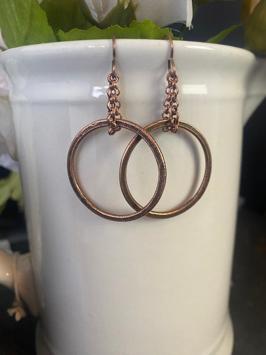 hammered copper hoops, chain, earrings, jewelry.