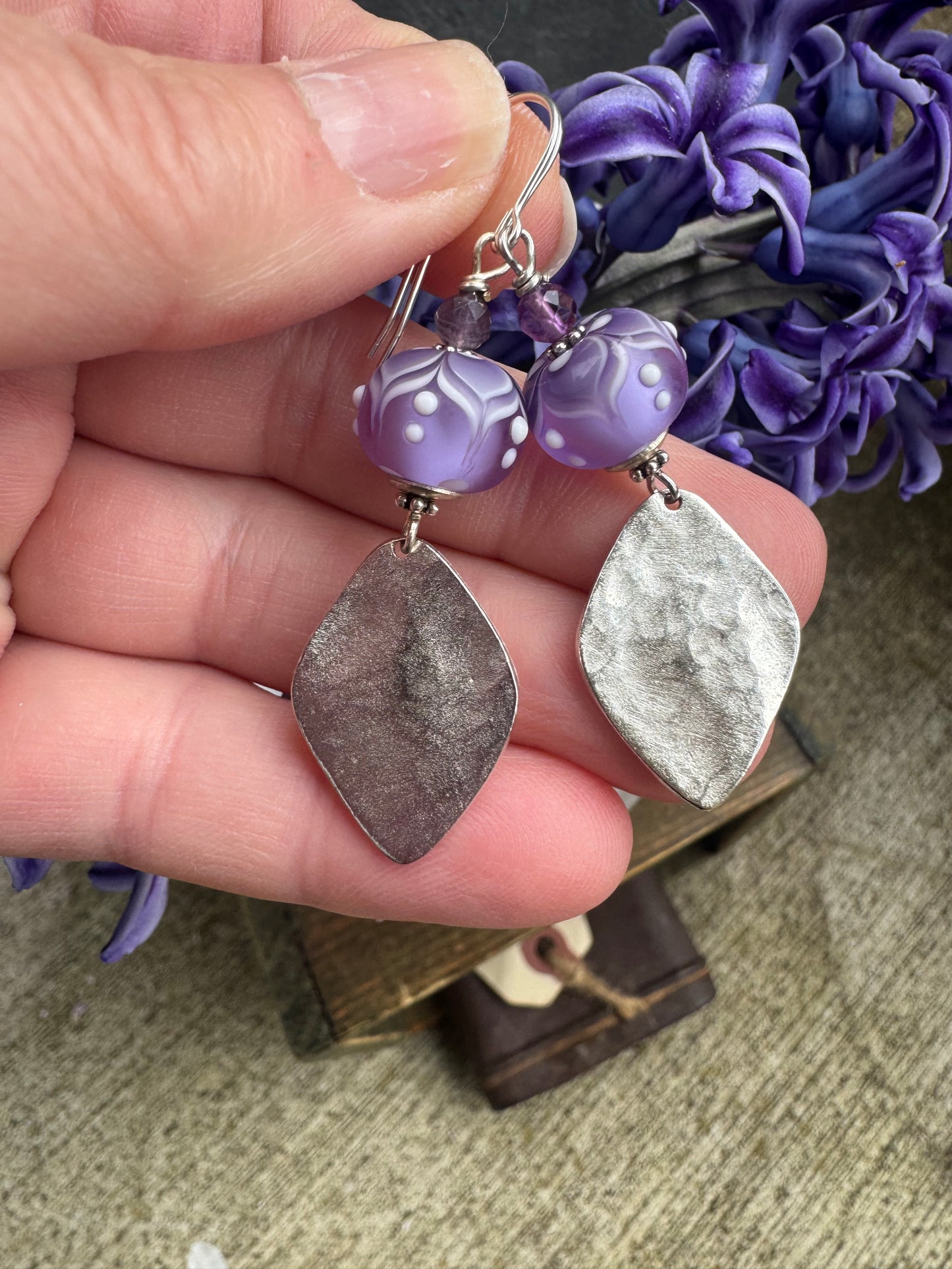 Handmade lampwork glass, silver charm, earrings