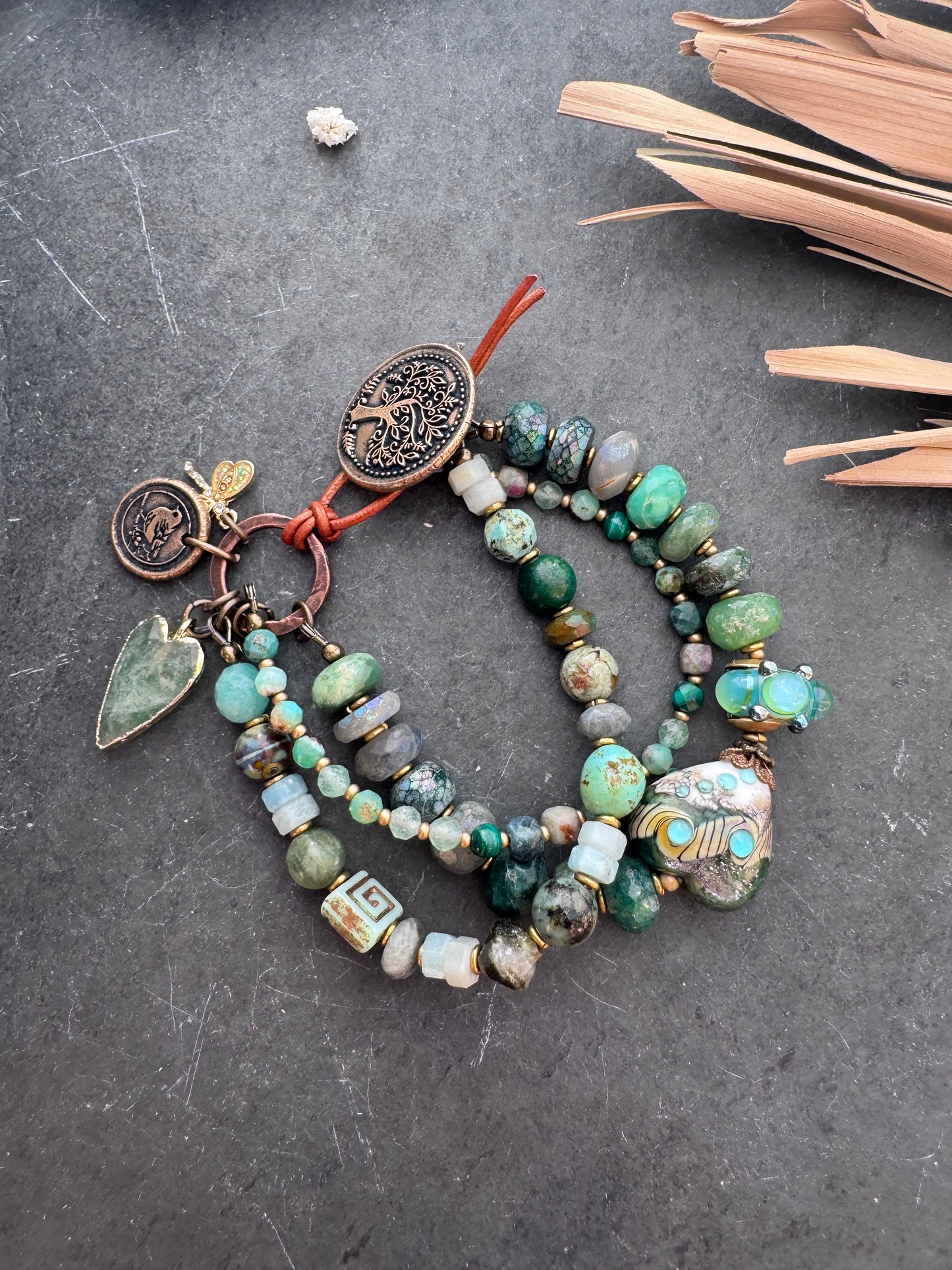 handmade lampwork Glass, mystic emerald, chrysoprase, turquoise, malachite, green aventurine,  Amazonite, labradorite, and handmade bronze button featuring tree of life