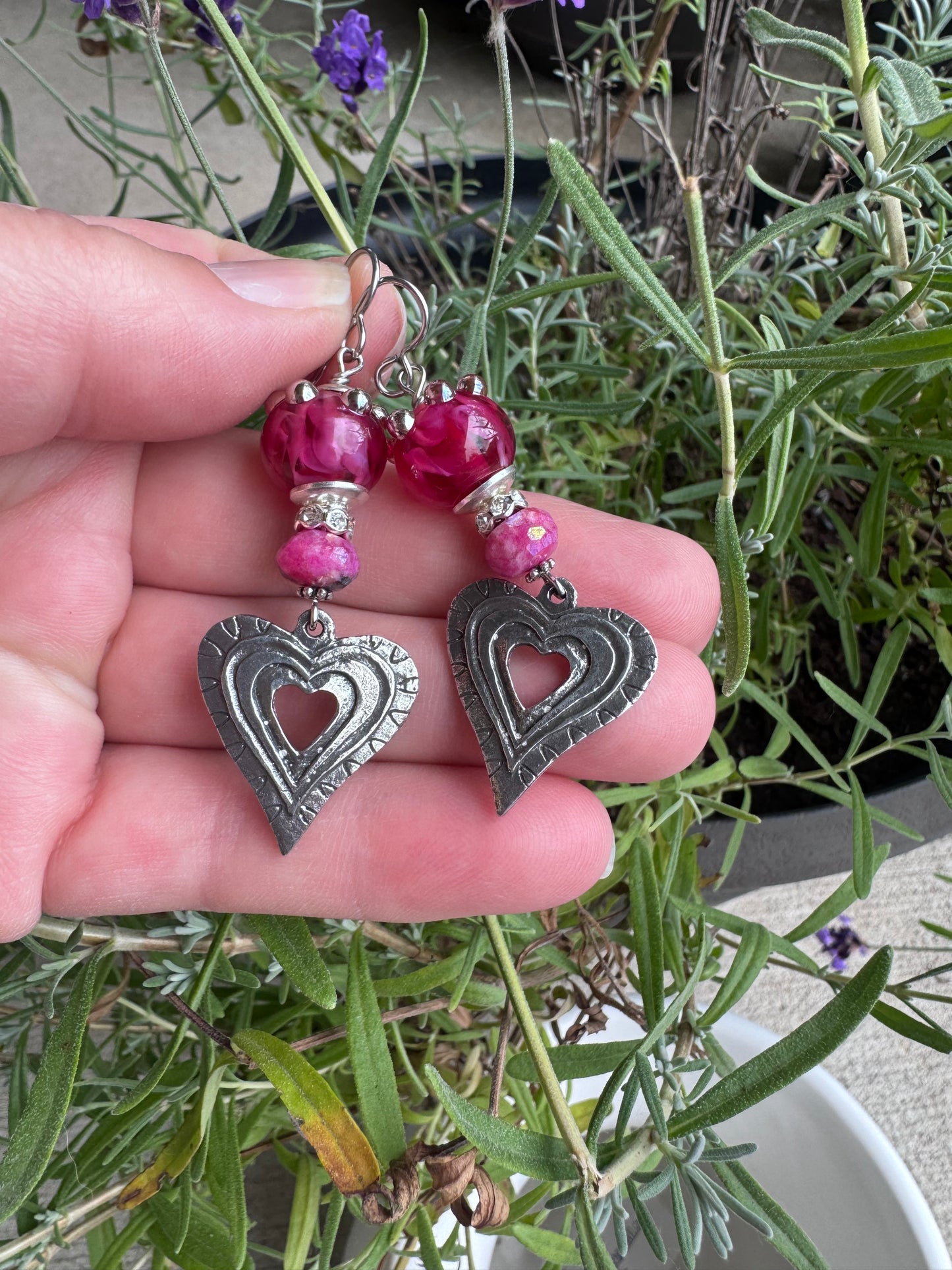 Handmade lampwork glass, pink moonstone, pewter silver heart charm, earrings