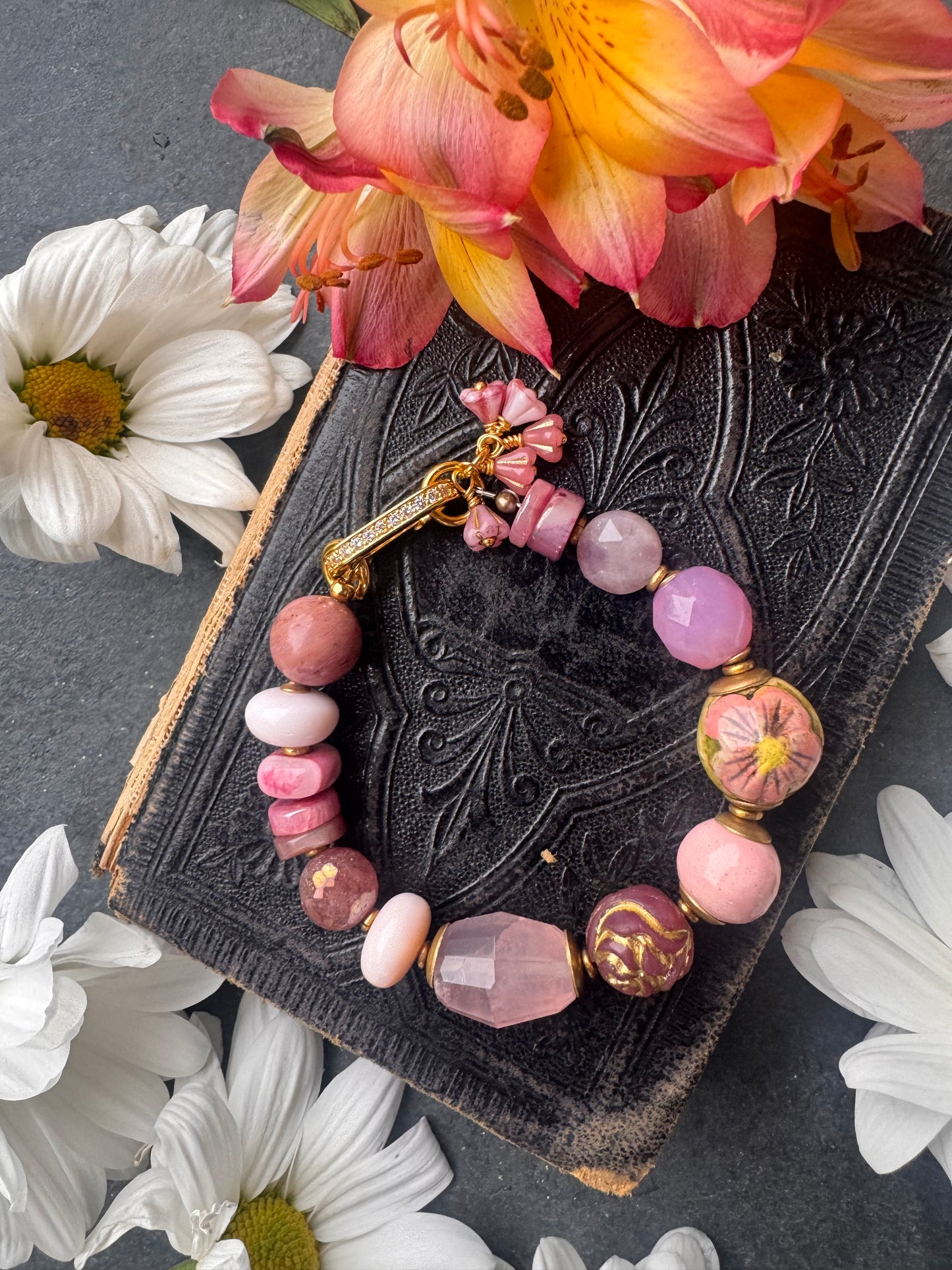 Pink gemstone blend, ceramic, Czech glass and gold metal bracelet.