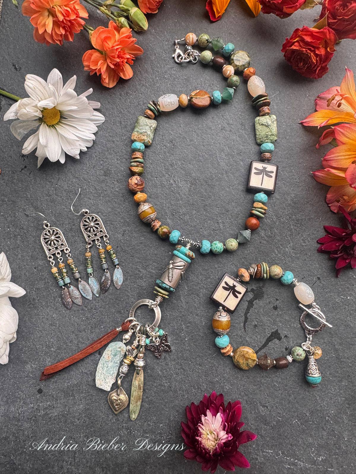 Hubei Turquoise, mixed gemstone, dragonfly, silver metal, necklace.