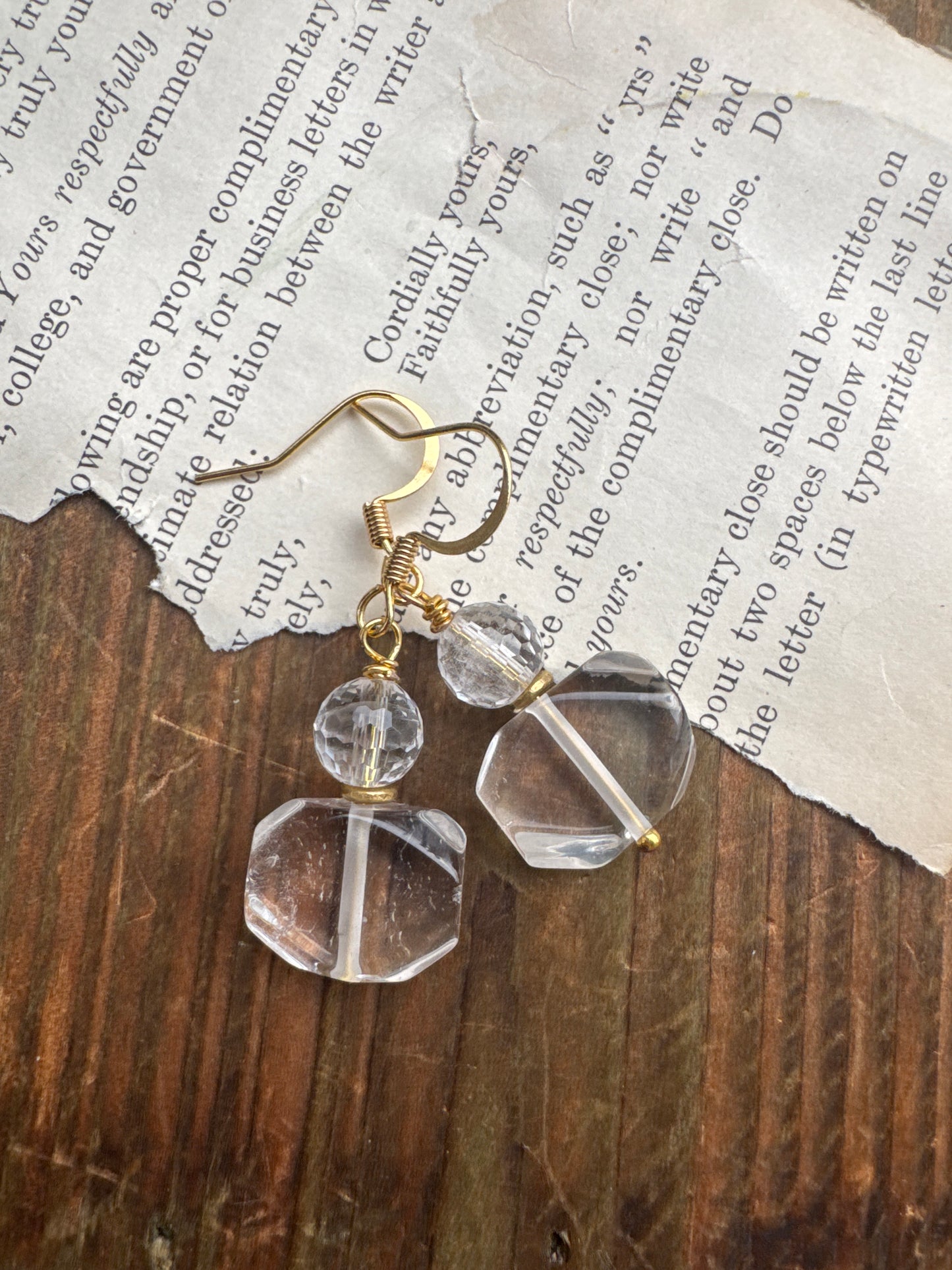 Clear quartz stone, gold metal, earrings