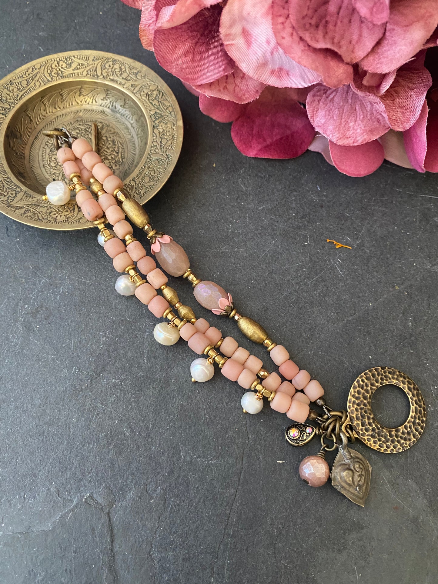 Pink Indonesian Glass, Mystic peach moonstone, pearls, African brass, multi strand, bracelet