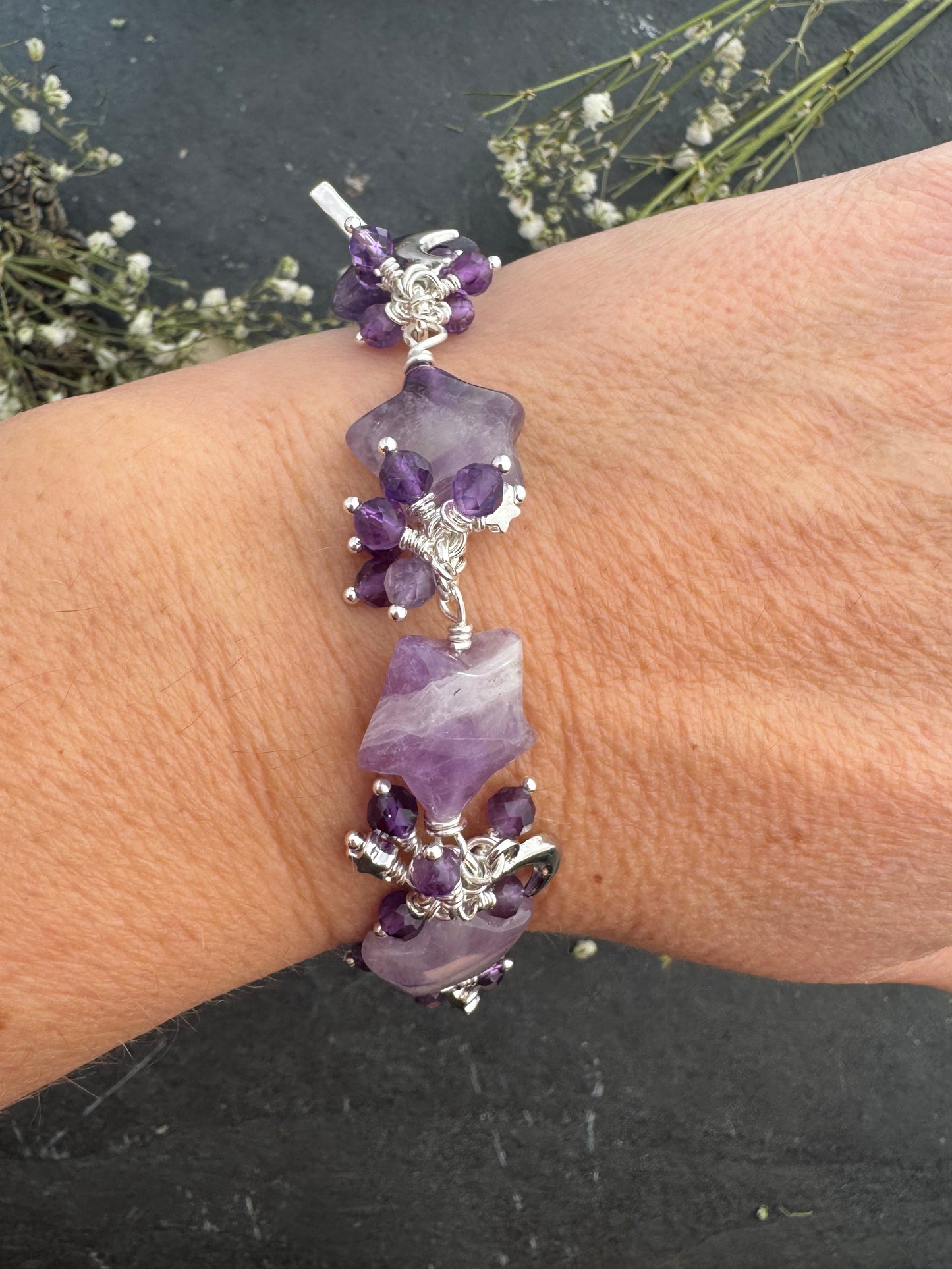 Amethyst stone stars, amethyst stone, silver metal, bracelet