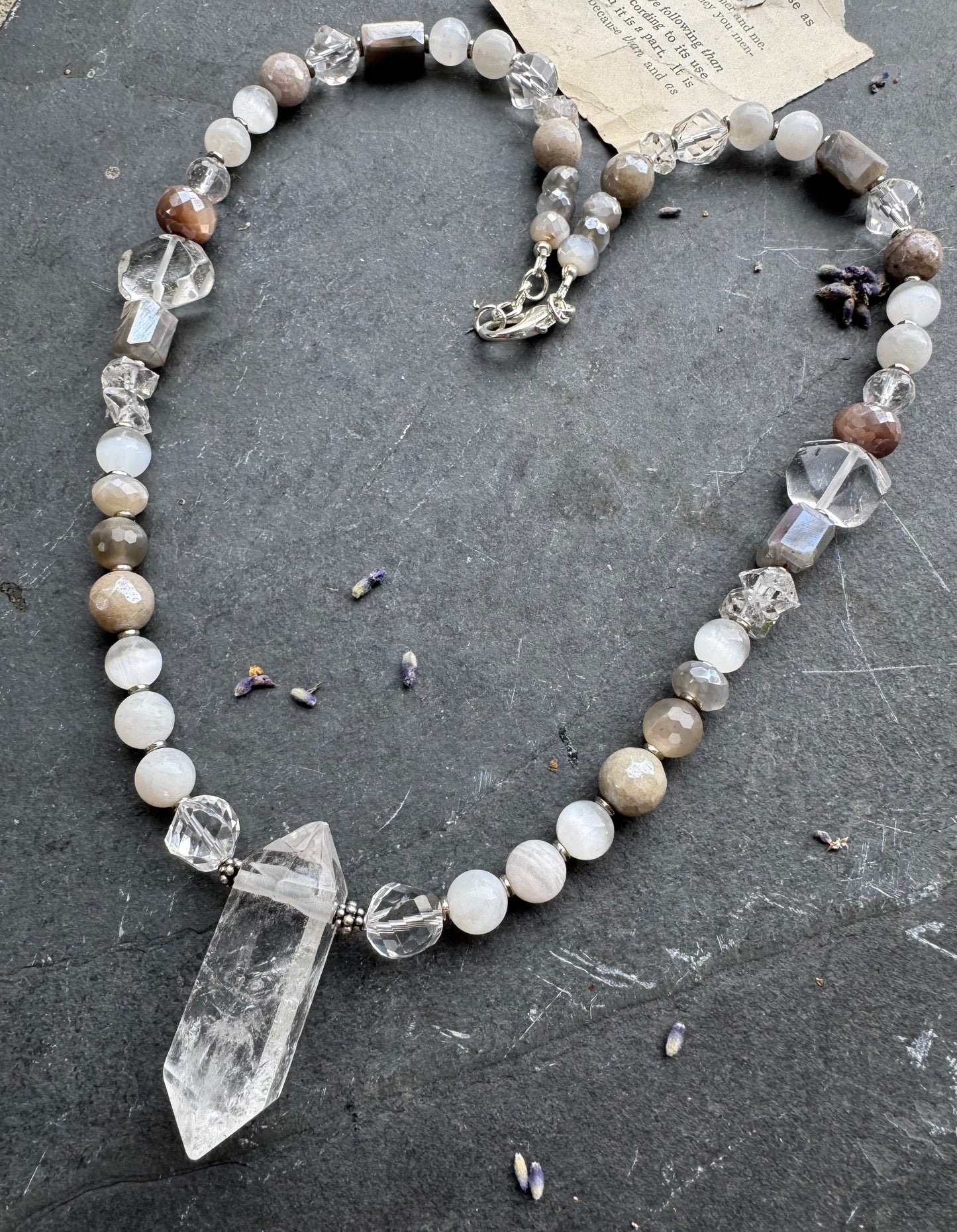 Labradorite stone, clear quartz, moonstone, crystal pendant, sterling silver metal, necklace.