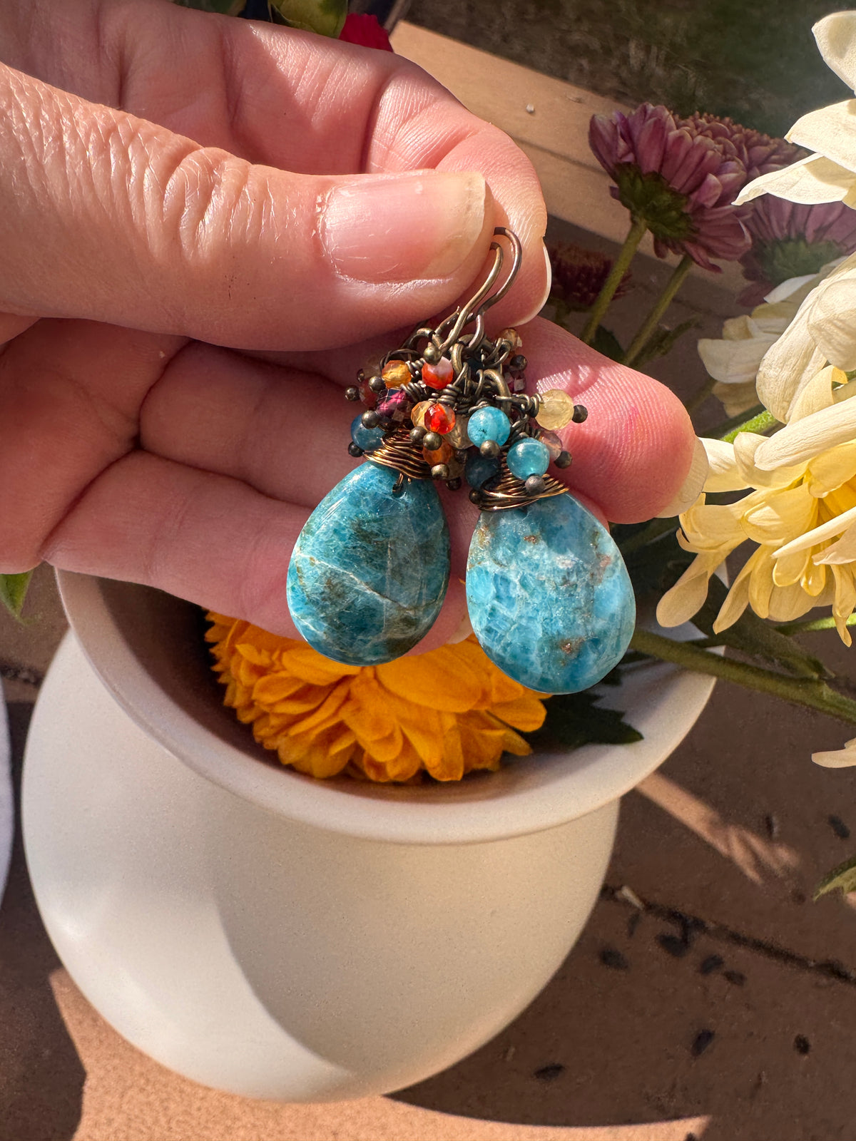 Apatite stone drops, citrine, garnet, orange agate stone, antq. brass metal, earrings