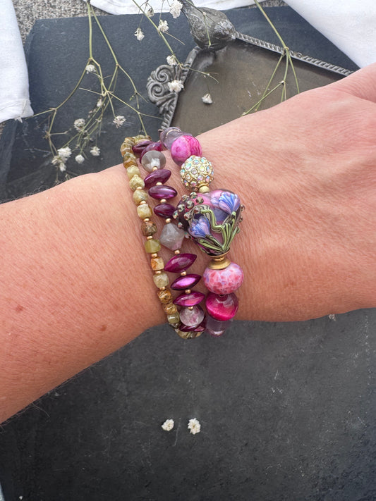Lamp work glass, amethyst, moonstone,prehnite, pink moonstone, strawberry quartz, green garnet, iolite, watermelon tourmaline, pink crazy agate, shell, pink tourmaline, flower clasp, bronze metal