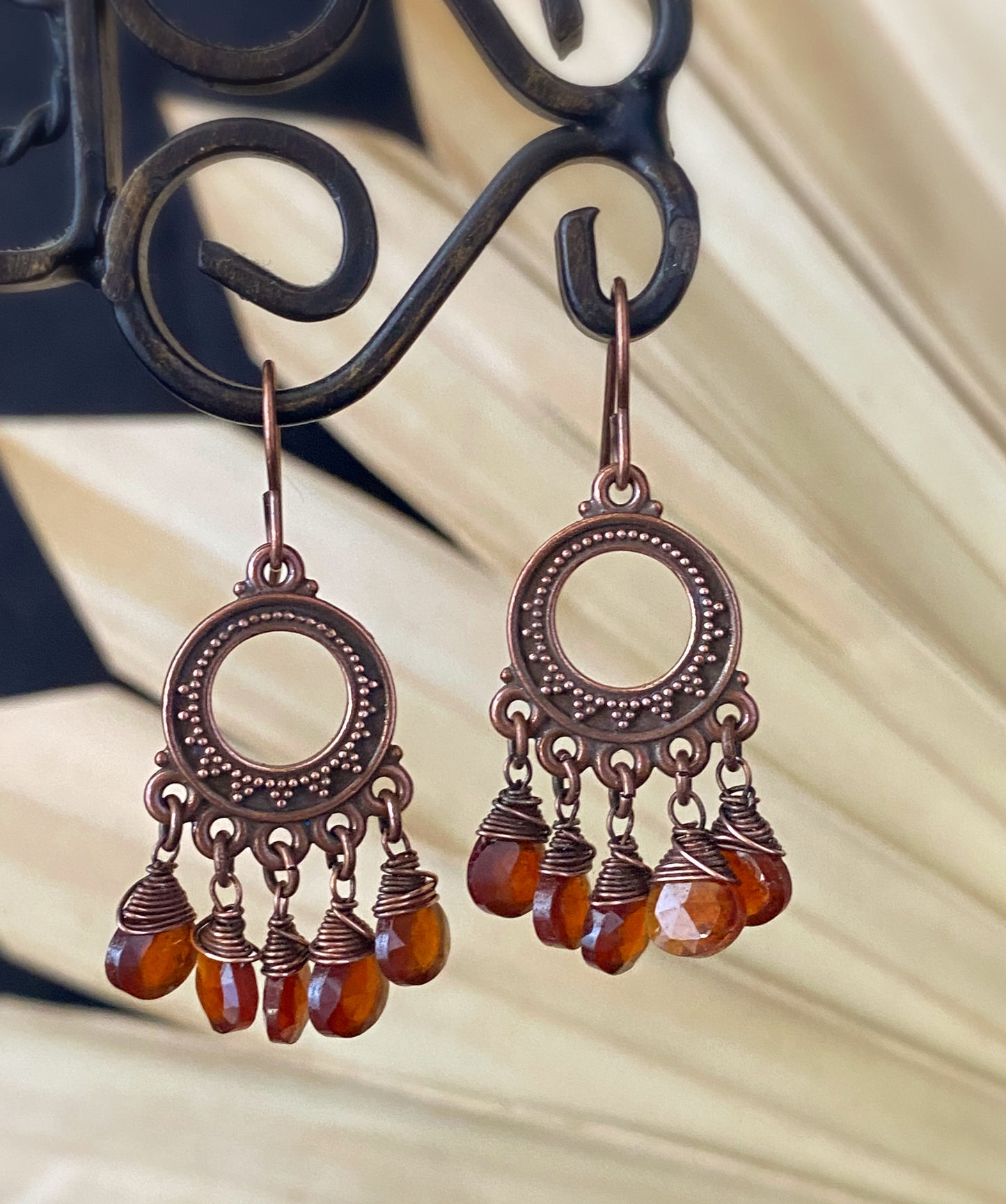 hessonite garnet briolette stone, copper metal, dangle, earrings, jewelry.