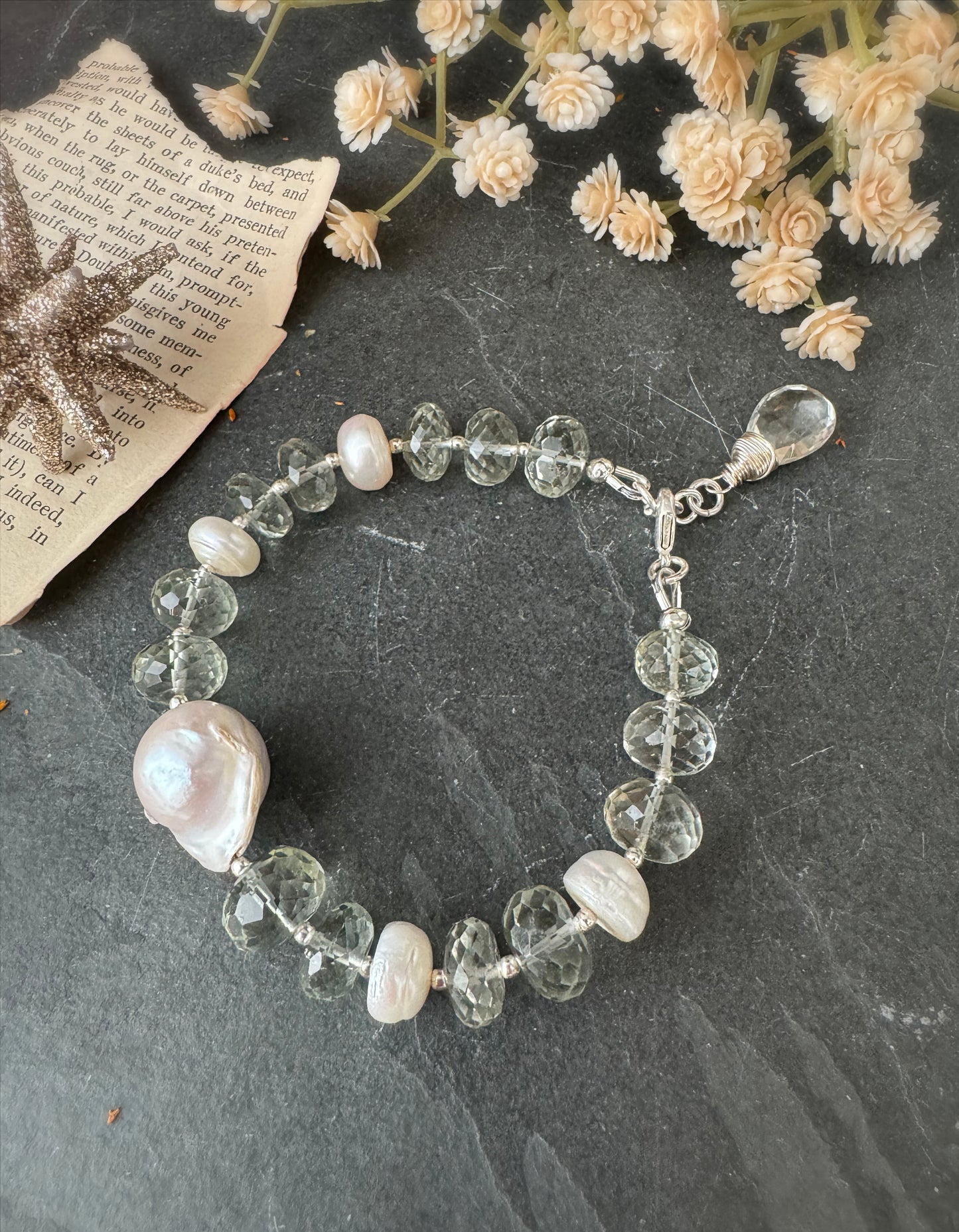 Faceted green amethyst, baroque pearls, sterling silver, bracelet