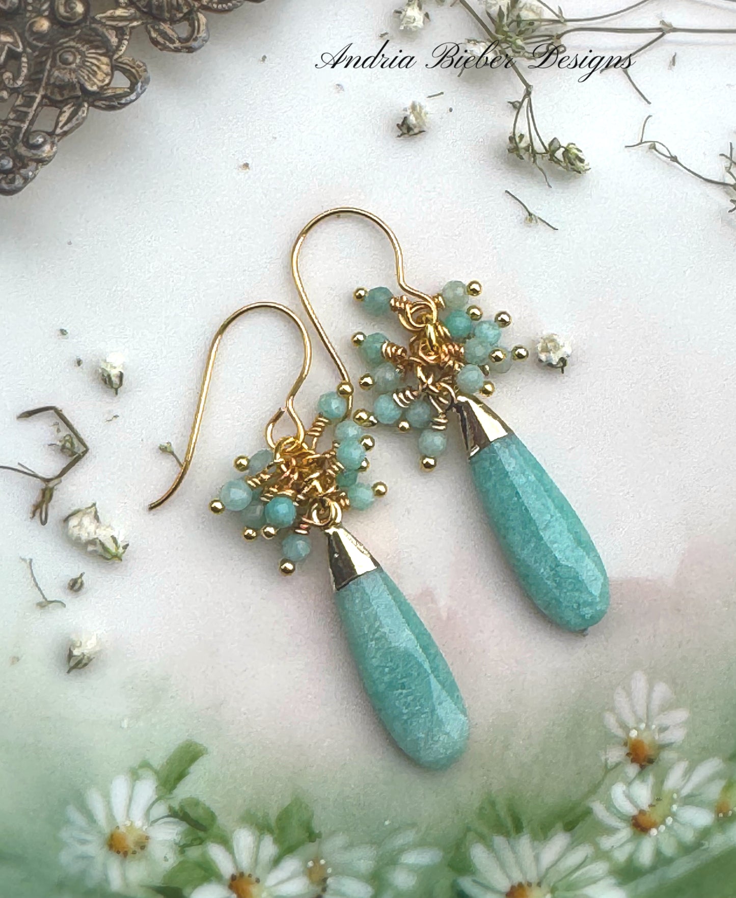 Amazonite stone, gold metal, earrings