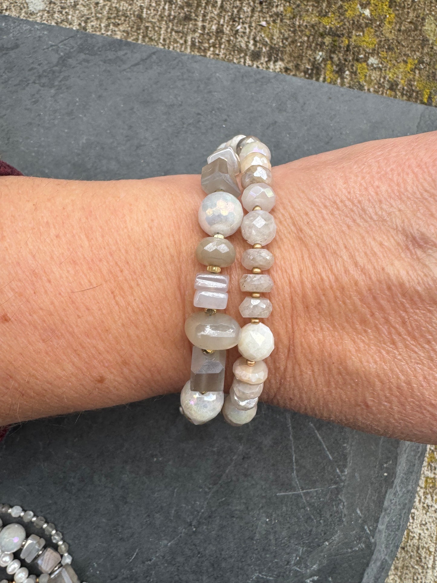Moonstone, rhinestone clasp, two multi strand, gold metal, bracelet.