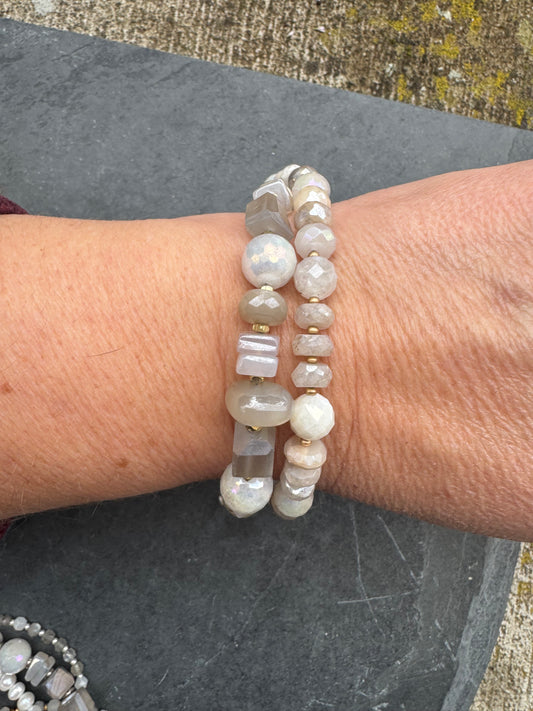 Moonstone, rhinestone clasp, two multi strand, gold metal, bracelet.